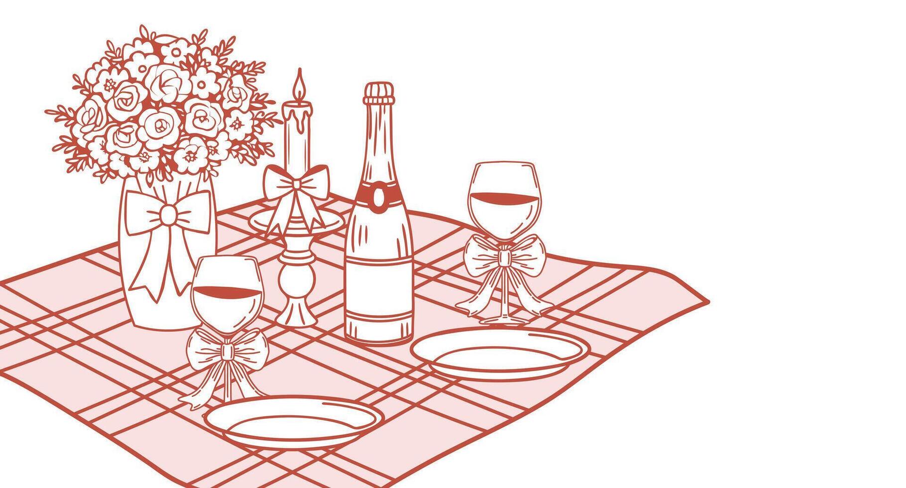 Romantic dinner poster. Banner with champagne, candles and roses for birthday or wedding invitations. Hand drawn sketch illustration. vector