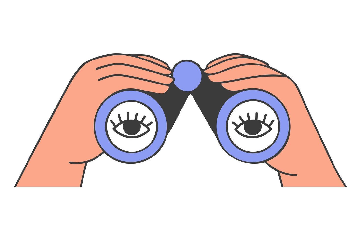 Hands holding binoculars and looking through them. Hands holding binoculars with eyes. Illustration for search engine or research. vector