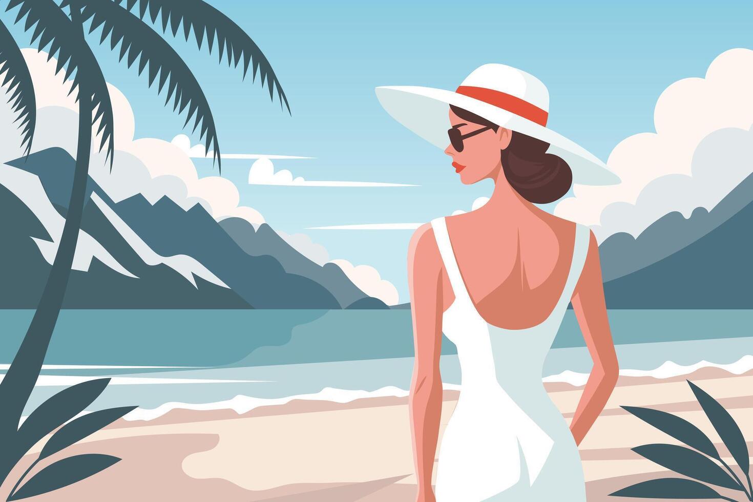 Elegant woman in dress and hat on the beach. Summer time, vacation. Travel illustration vector