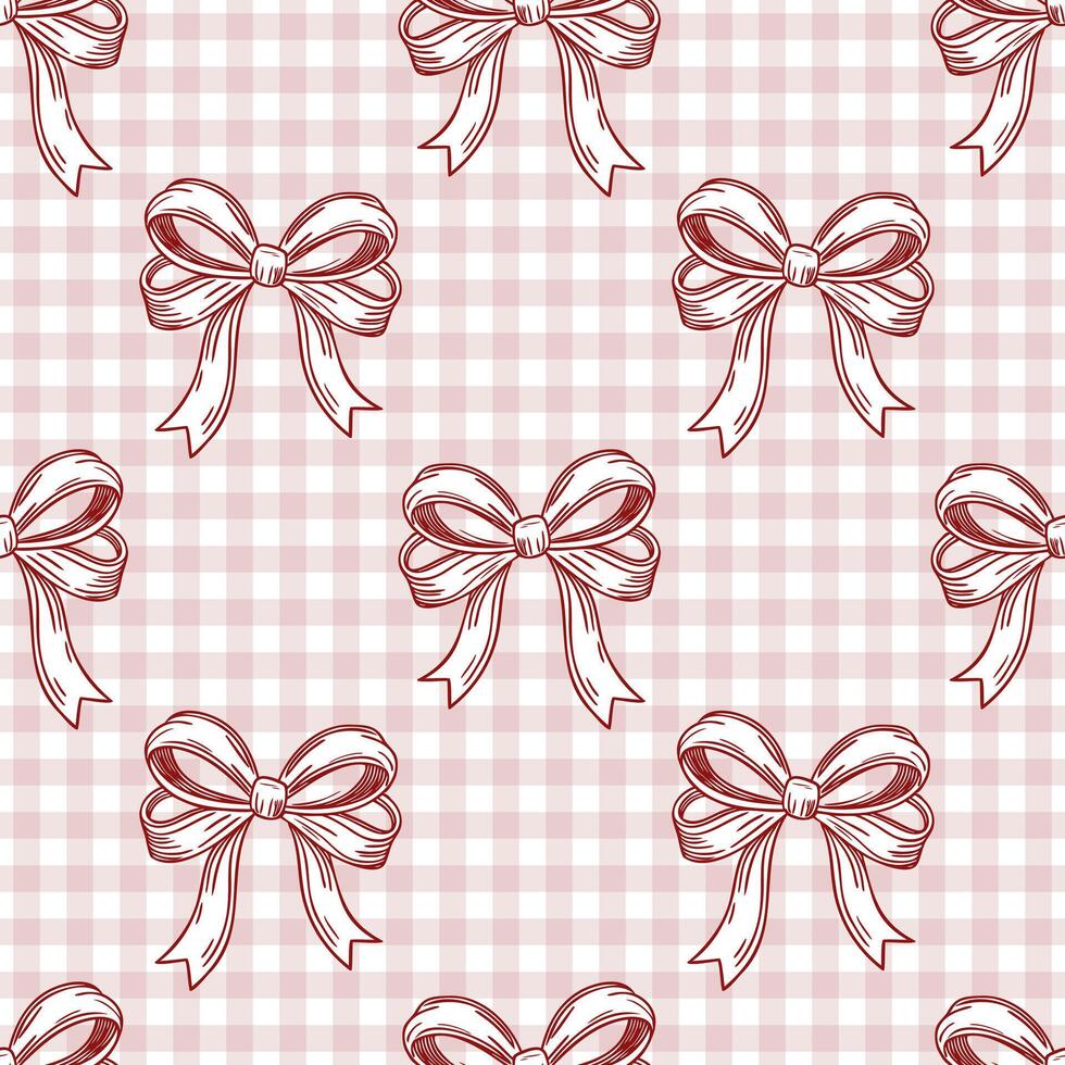 Seamless pattern, hand drawn elegant pink bows on gingham checkered fabric. Flirty background vector