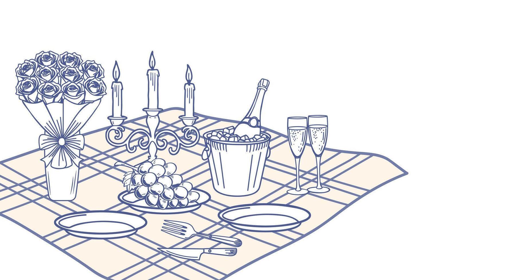 Romantic dinner table. Banner with champagne, candles and roses on table for birthday or wedding invitations. Hand drawn illustration. vector