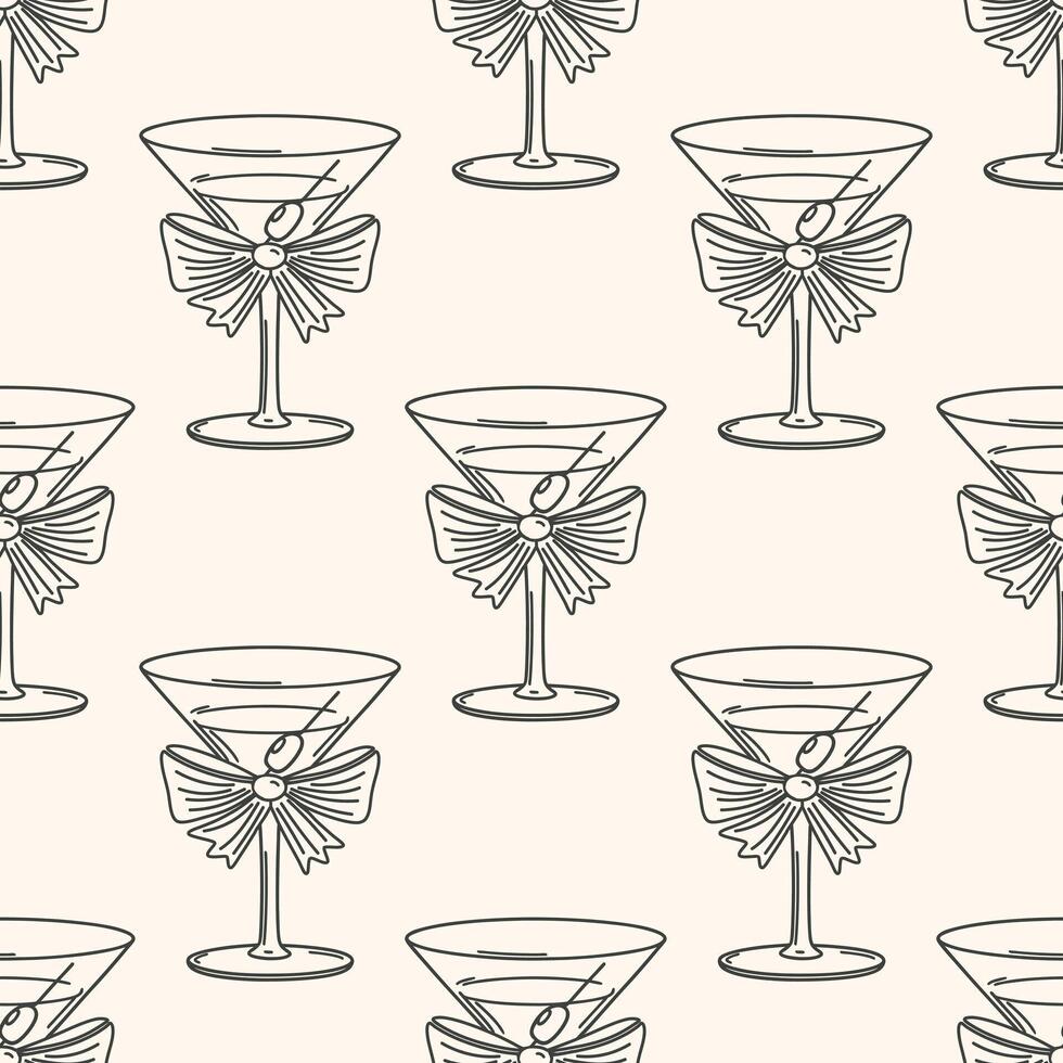 Elegant martini glasses with bows seamless pattern. Festive background. Hand drawn sketch illustration. vector