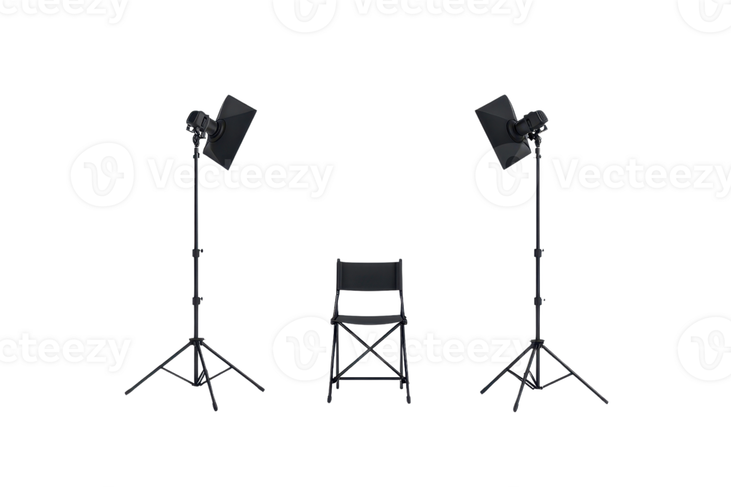 A simple black chair is flanked by two lighting stands, creating a setup for an interview or photo shoot. png