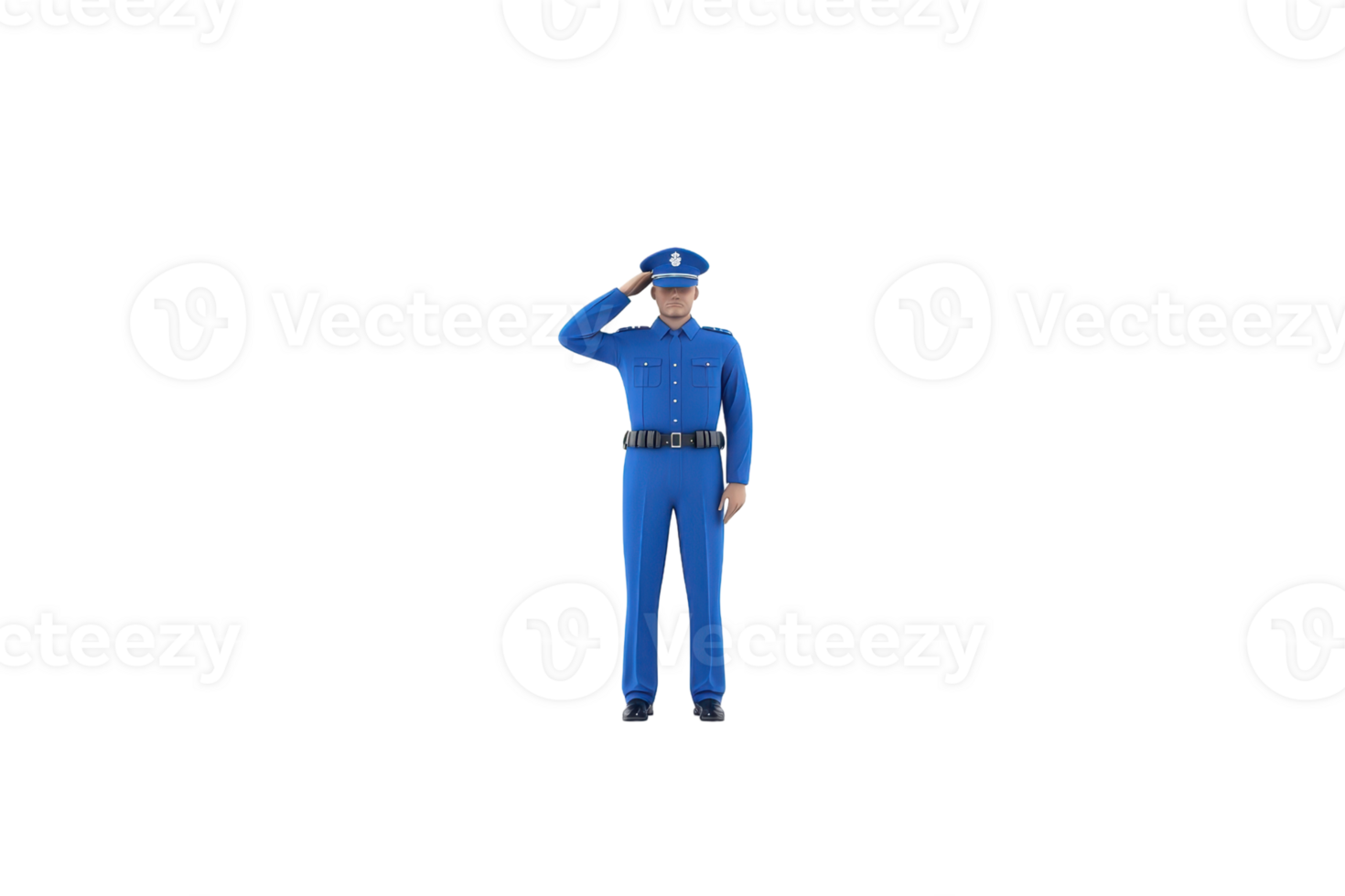 A blue police figurine stands at attention, saluting, dressed in a uniform with a cap. png
