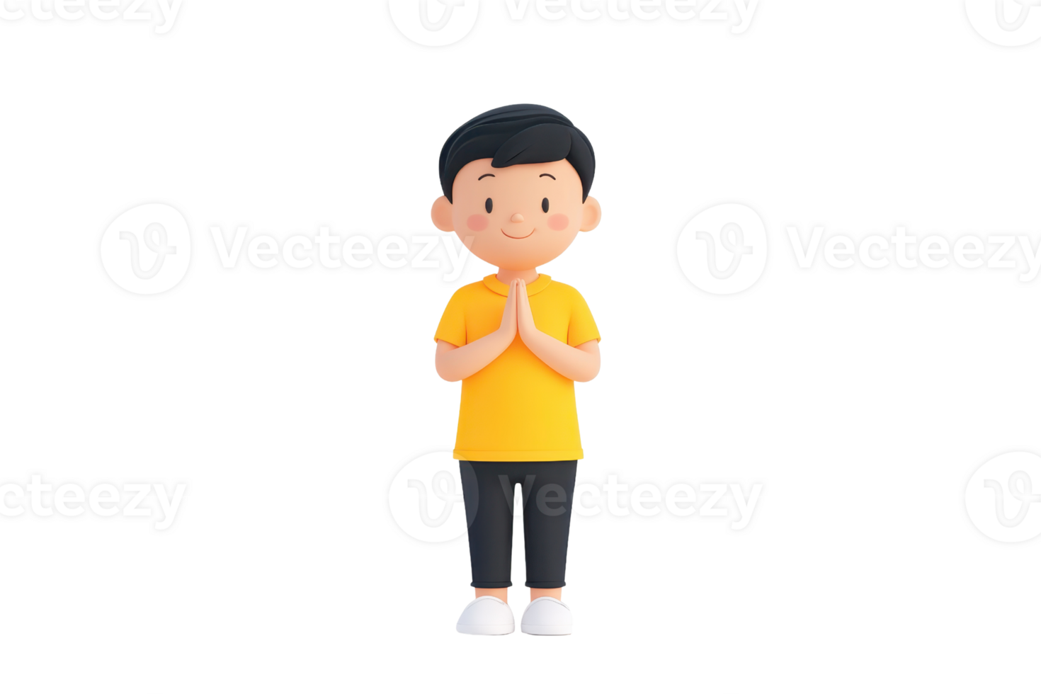 A cartoon boy with short black hair, wearing a yellow shirt and black pants, stands with his hands together in a gesture of greeting or respect. png