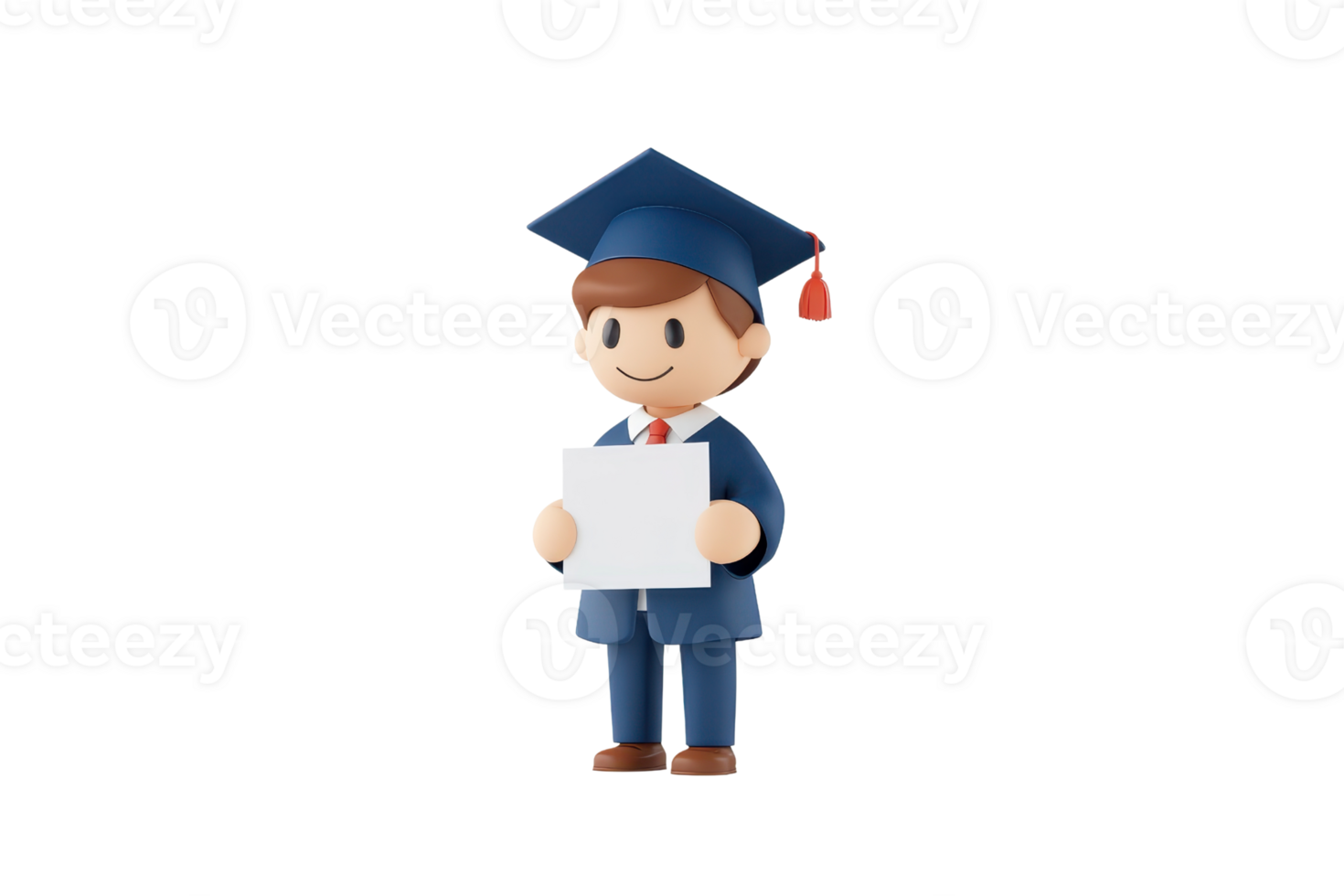 A cheerful graduate wearing a cap and gown, holding a blank certificate, symbolizing achievement and education. png