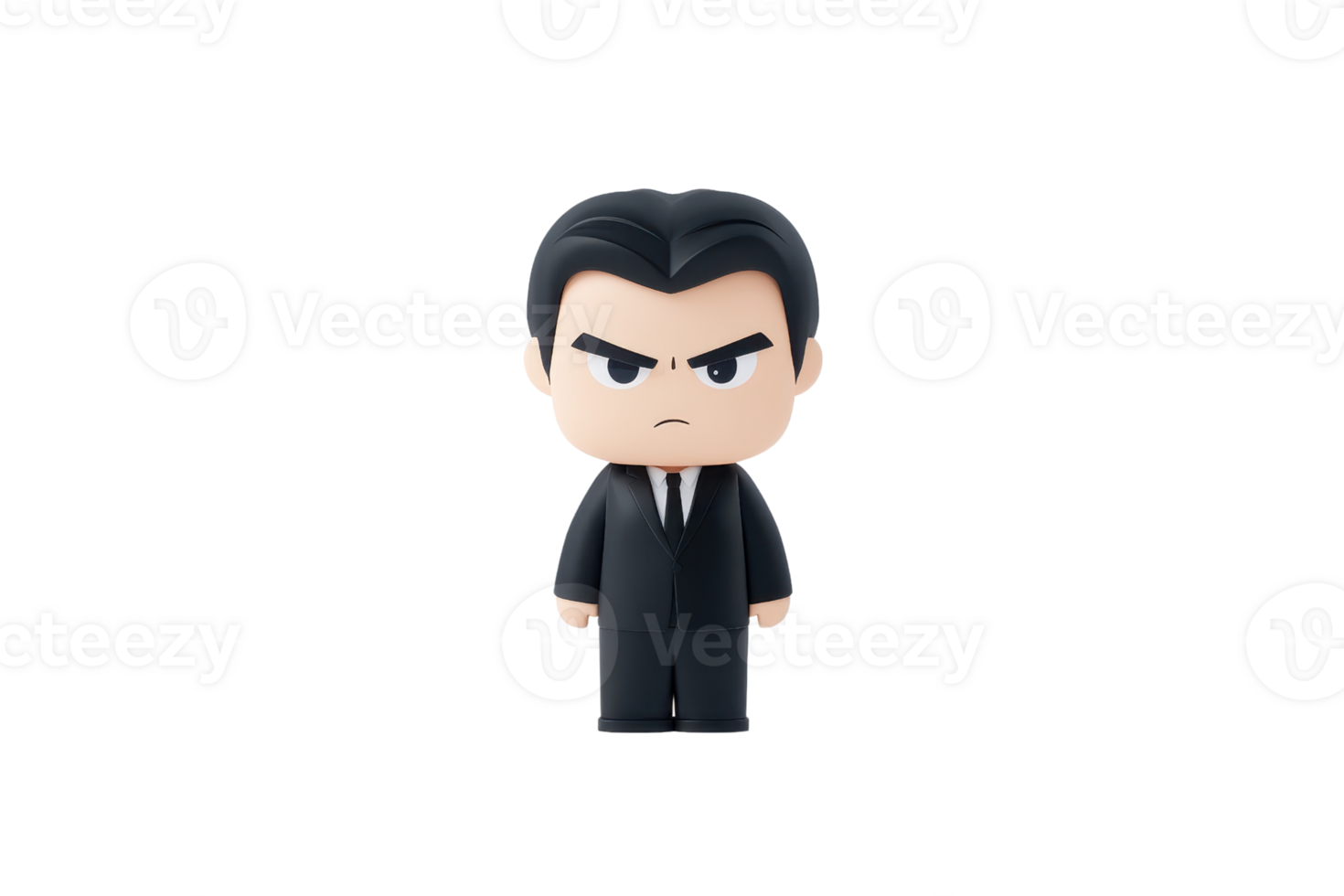 A stylized figurine of a man in a black suit with a serious expression, featuring distinct facial features and a slick hairstyle. png