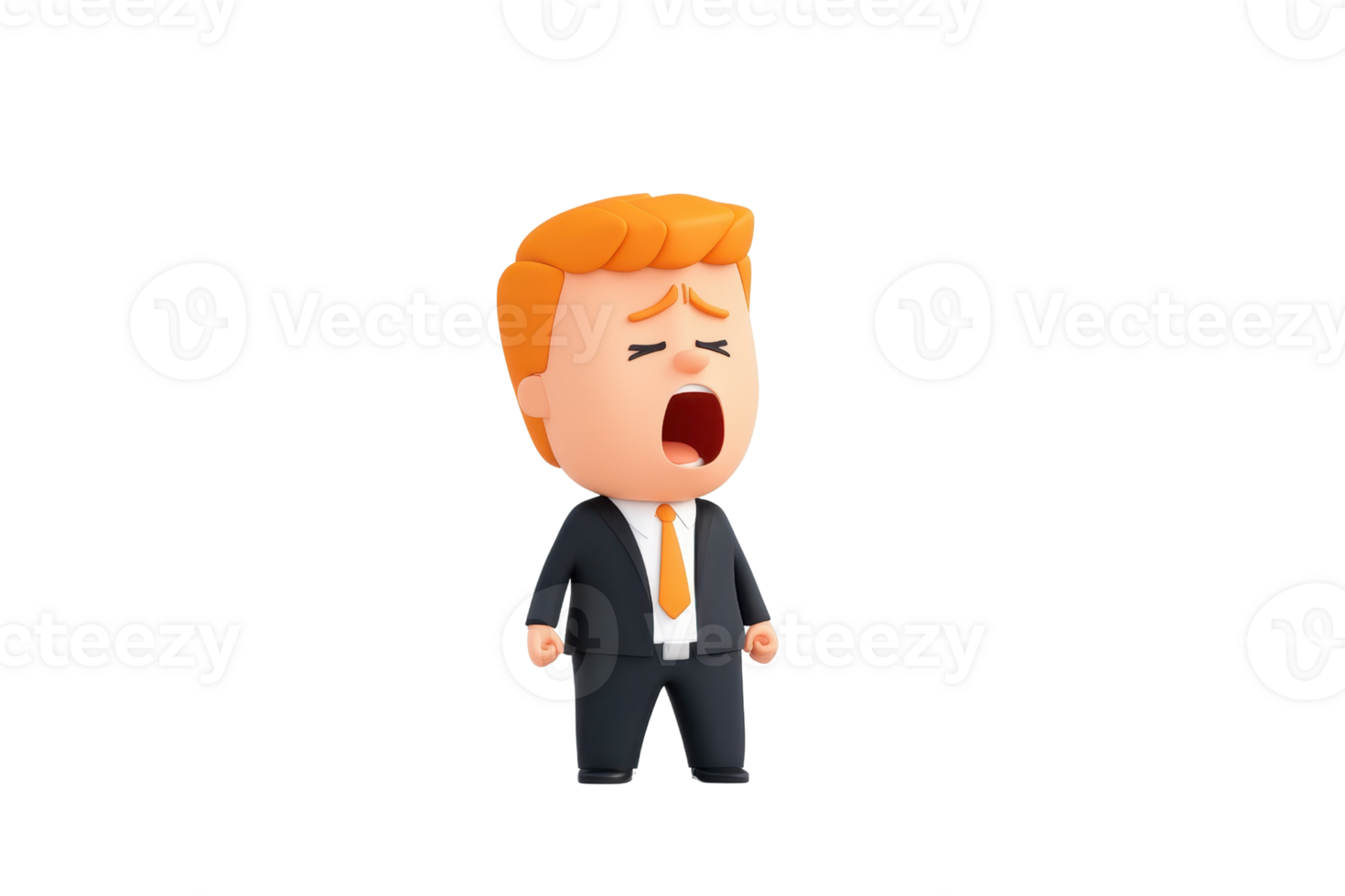 A cartoon character in a suit with orange hair, expressing a loud yawn or shout. png