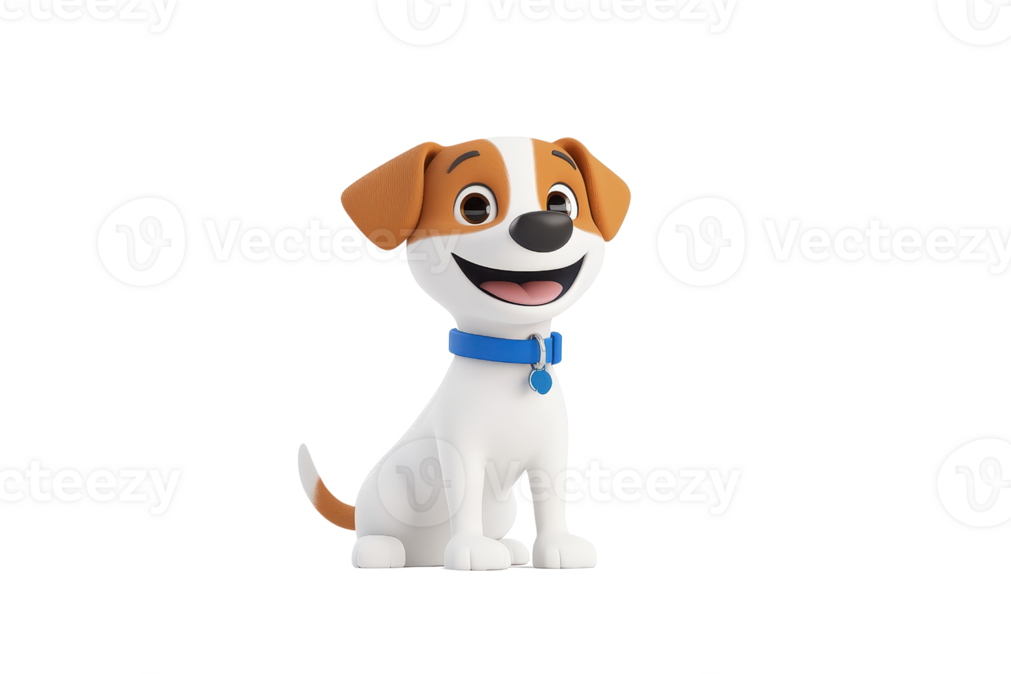 A cheerful cartoon dog with a white body, brown spots, and a blue collar, smiling and posing in a friendly manner. png