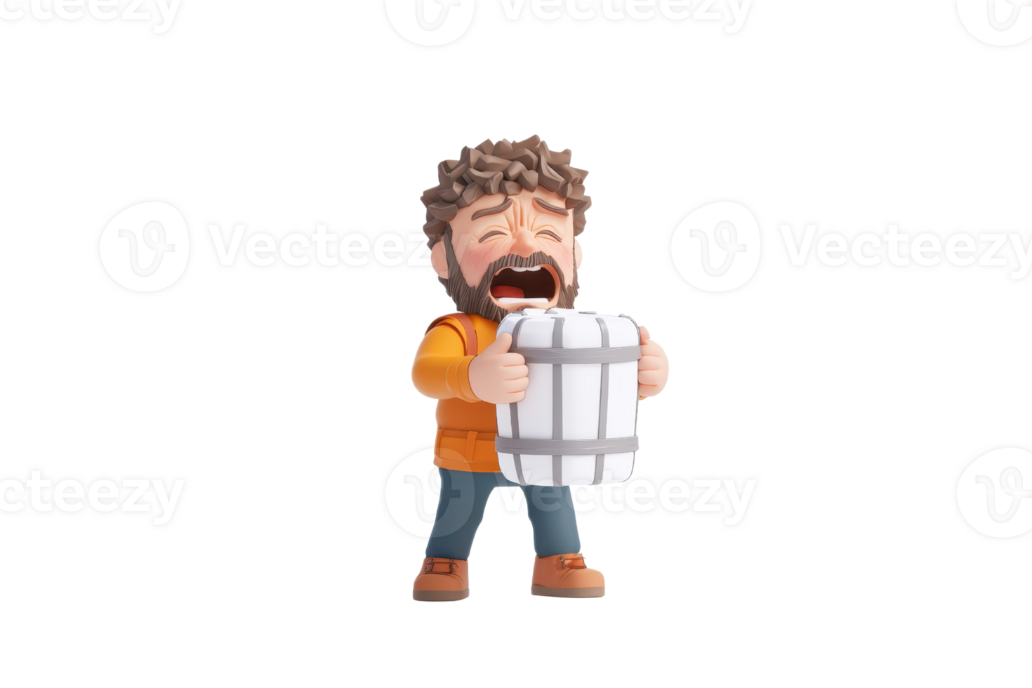 A cartoonish character joyfully lifting a barrel, showcasing enthusiasm and a playful demeanor. png