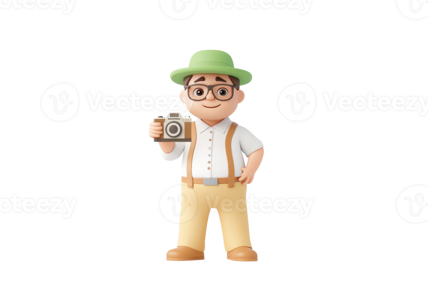 A cheerful cartoon character wearing a green hat and glasses, holding a vintage camera, dressed in a white shirt and beige pants. png