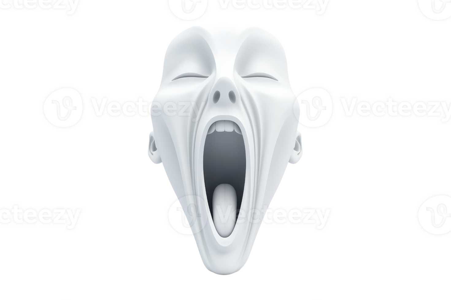 A stylized sculpture of a white, elongated face expressing an exaggerated scream, showcasing a wide open mouth and distinct facial features. png