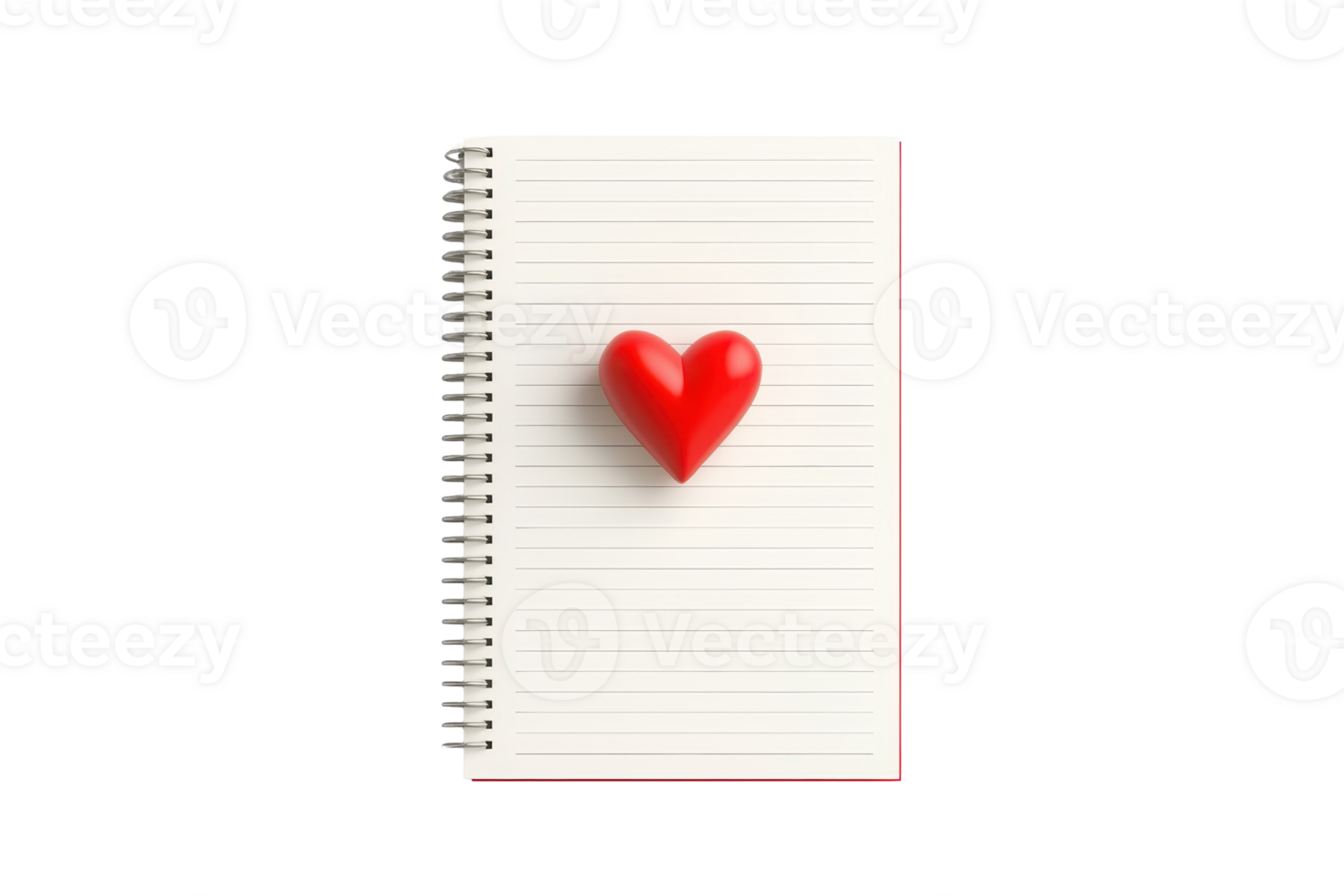 A red heart is placed on a spiral-bound notebook with lined pages. png