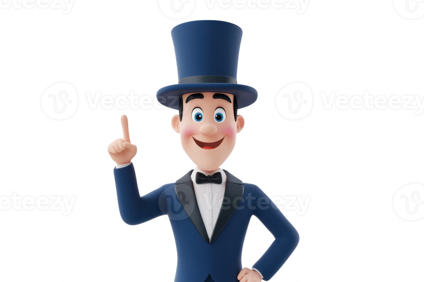 A cheerful cartoon character wearing a top hat and tuxedo, raising one finger as if presenting an idea. png