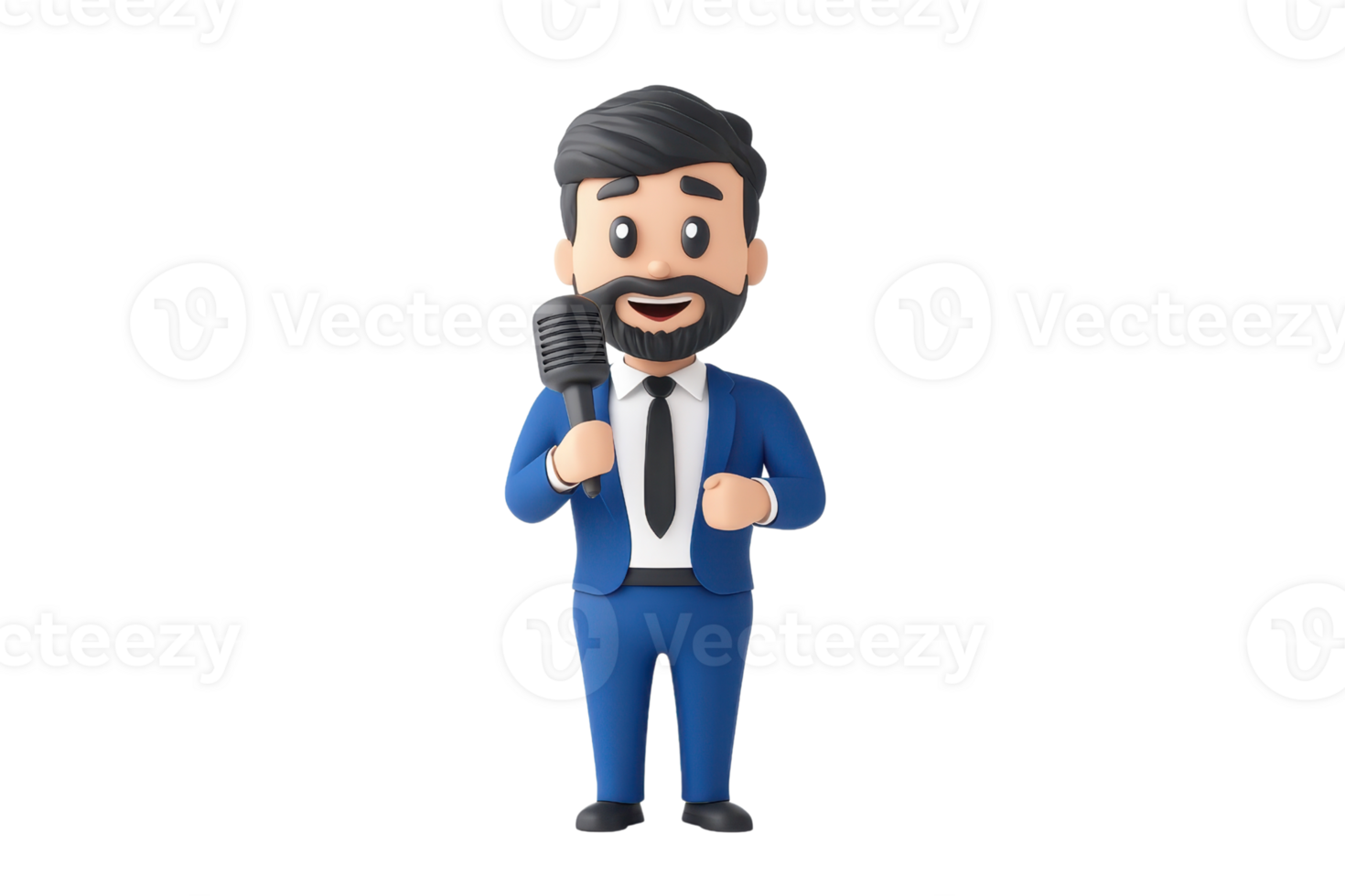 A cartoon character dressed in a blue suit, holding a microphone, with a friendly expression and a neatly styled beard. png