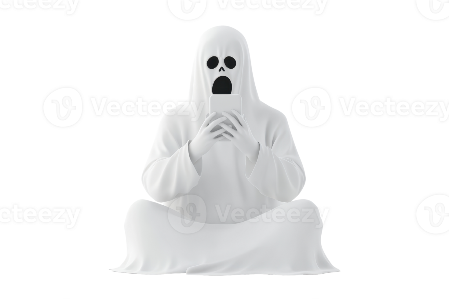 A ghostly figure in a white robe with a skull-like face sits calmly, hands clasped, evoking a sense of eerie tranquility. png