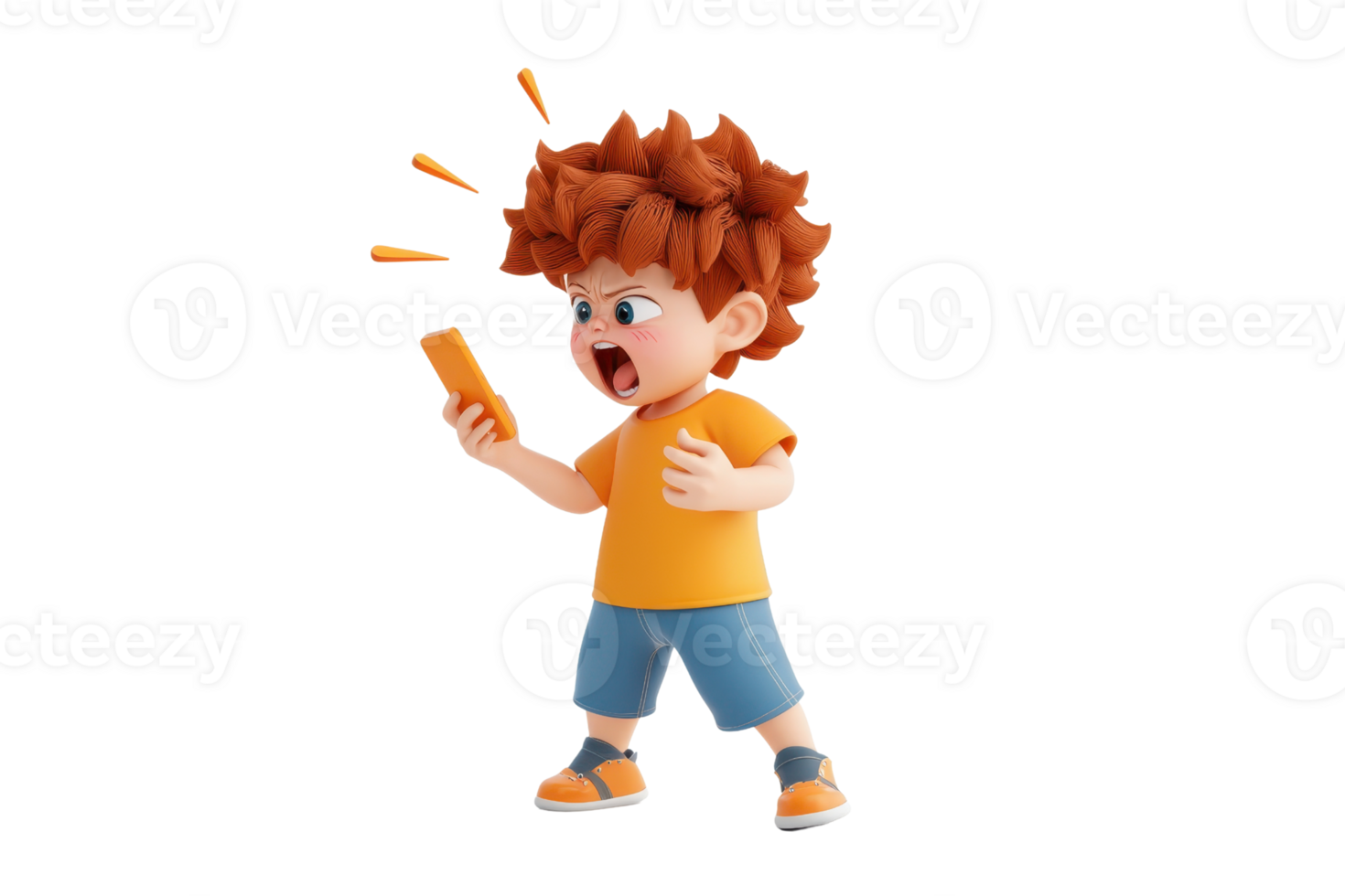 A young boy with spiky orange hair, wearing a yellow shirt and blue shorts, expressing frustration while holding a phone. png