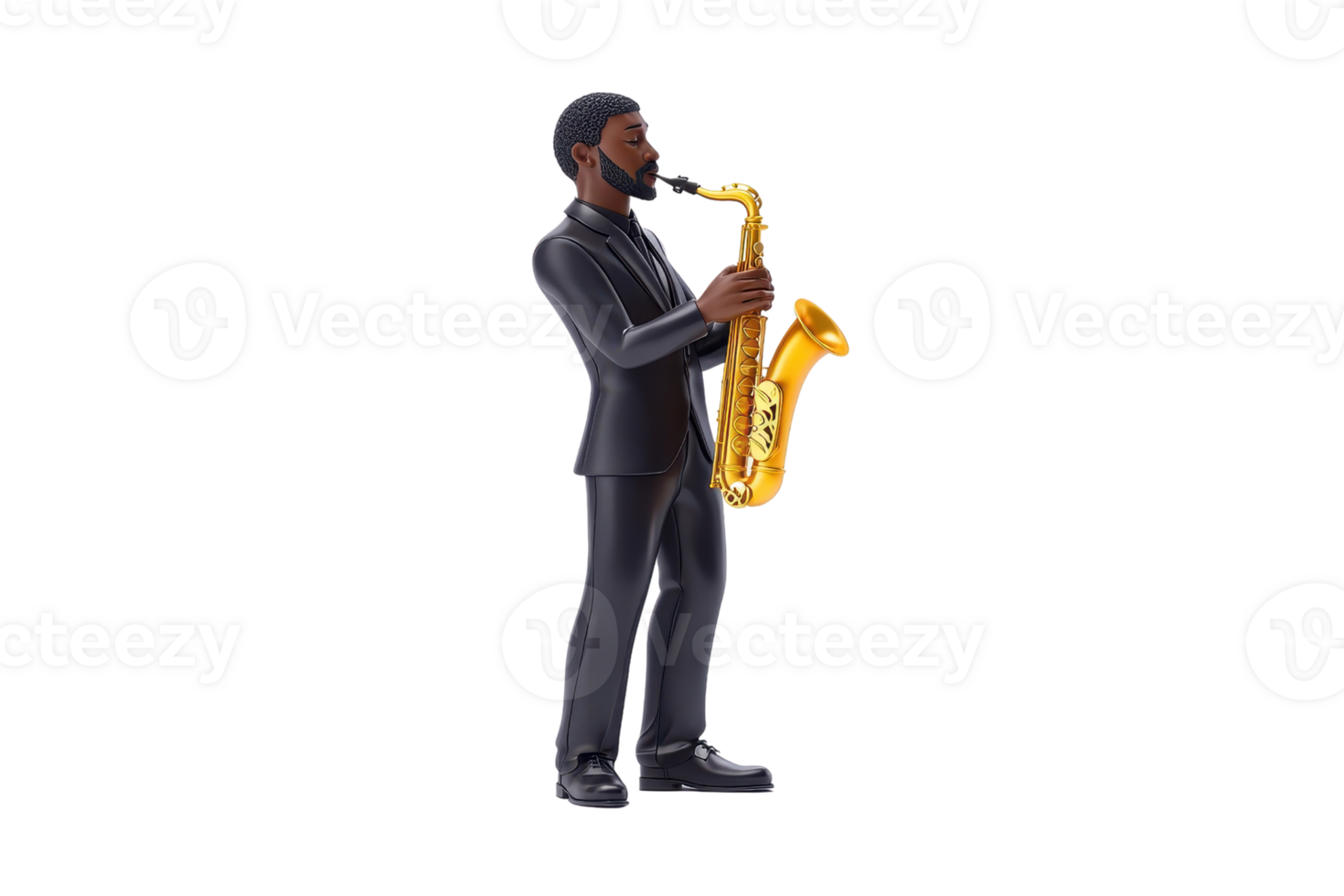 A musician in a suit playing a golden saxophone, embodying jazz elegance and artistry. png