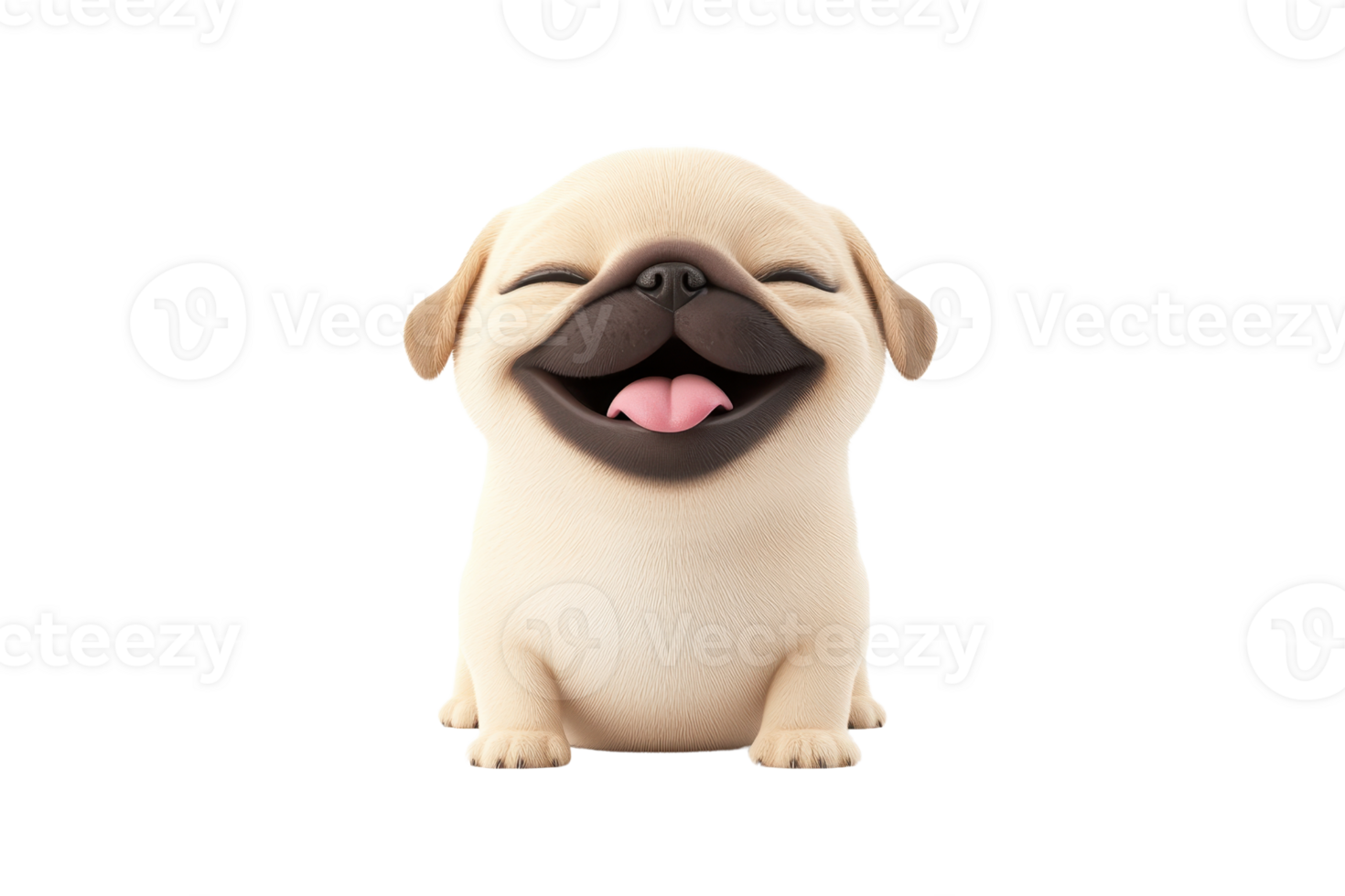 A cheerful, cartoon-style pug with a big smile and a playful expression, showcasing its characteristic wrinkled face. png
