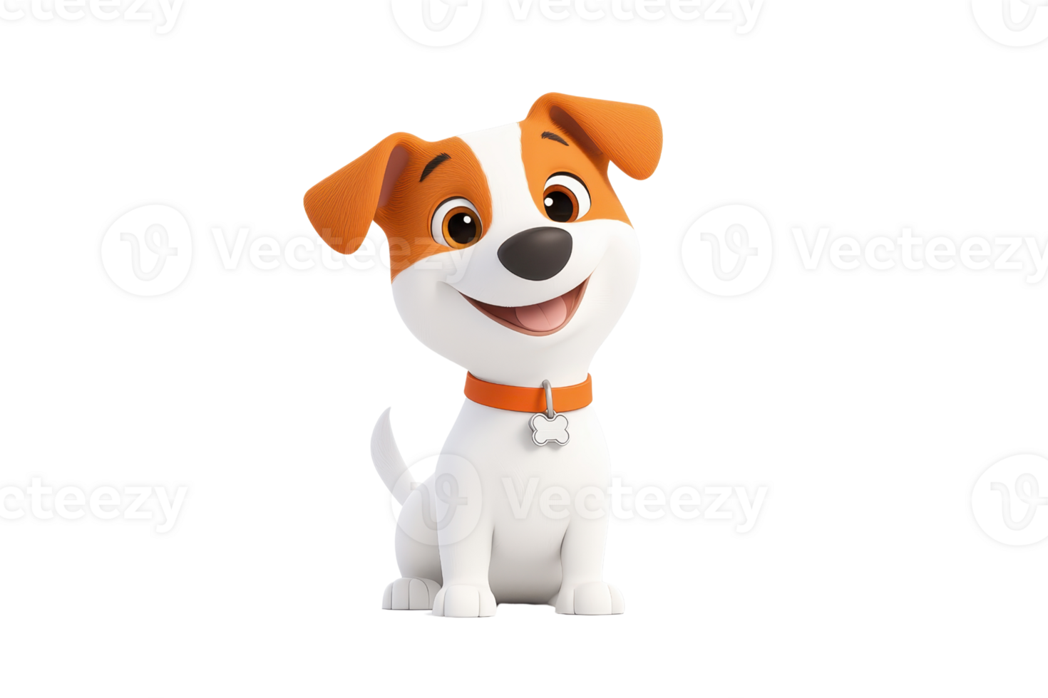 A cheerful cartoon dog with orange and white fur, sitting and wearing a collar, exuding friendliness and playfulness. png