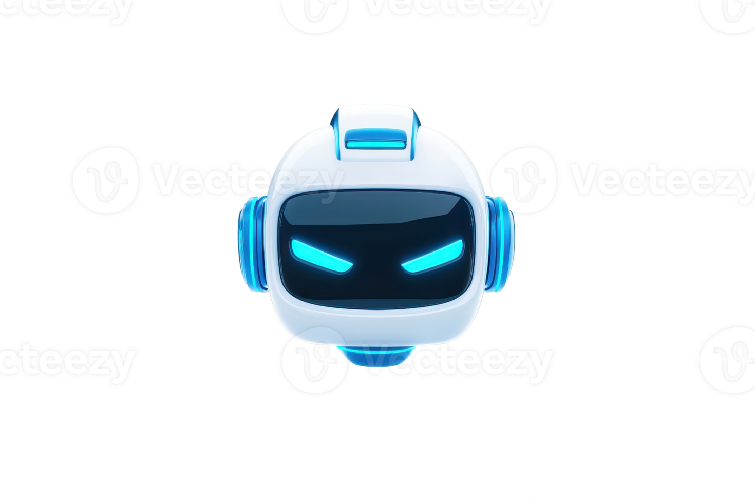 A futuristic robot head design featuring glowing blue accents, expressing a focused or determined demeanor. png
