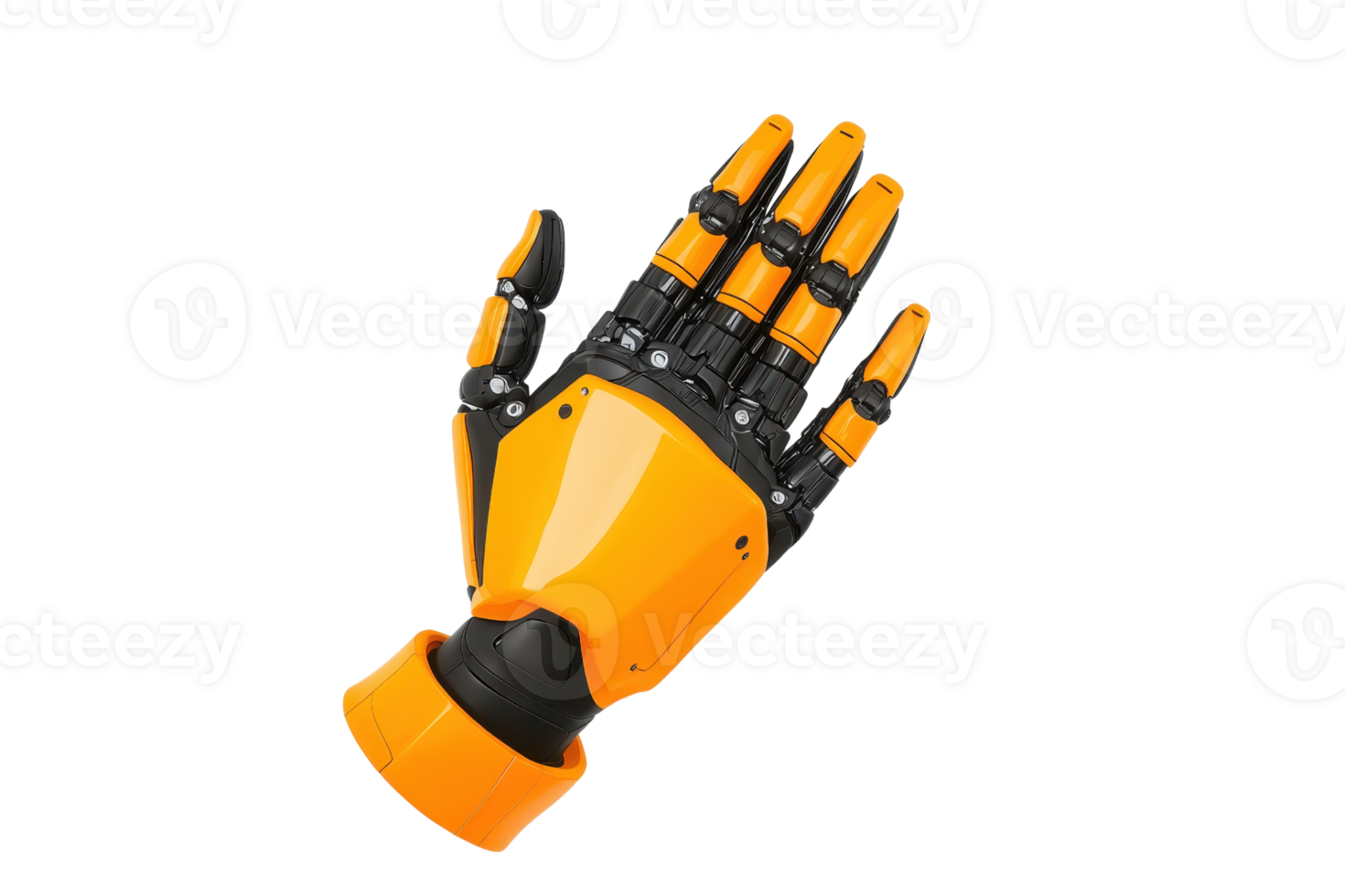 A vibrant, robotic hand featuring intricate mechanical joints and an ergonomic design, showcasing advanced technology in robotics. png
