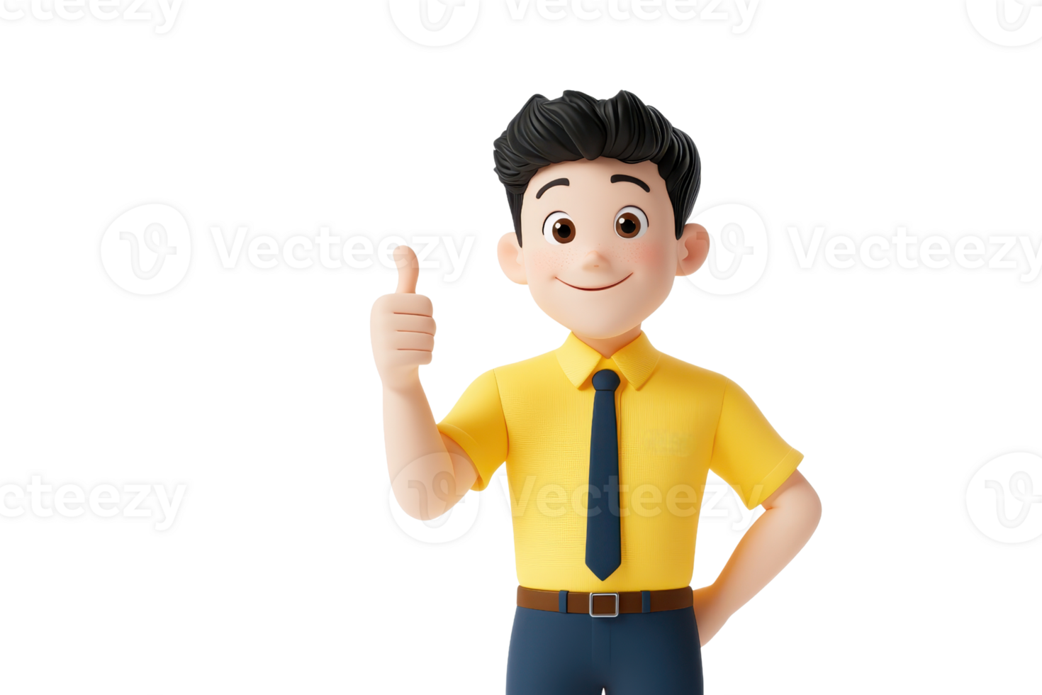 A cheerful cartoon character in a yellow shirt and tie gives a thumbs-up, exuding positivity and friendliness. png