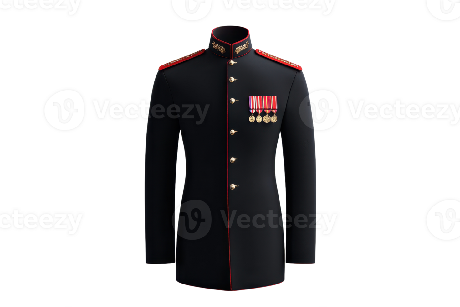 A formal military uniform jacket featuring decorative medals and red accents. png