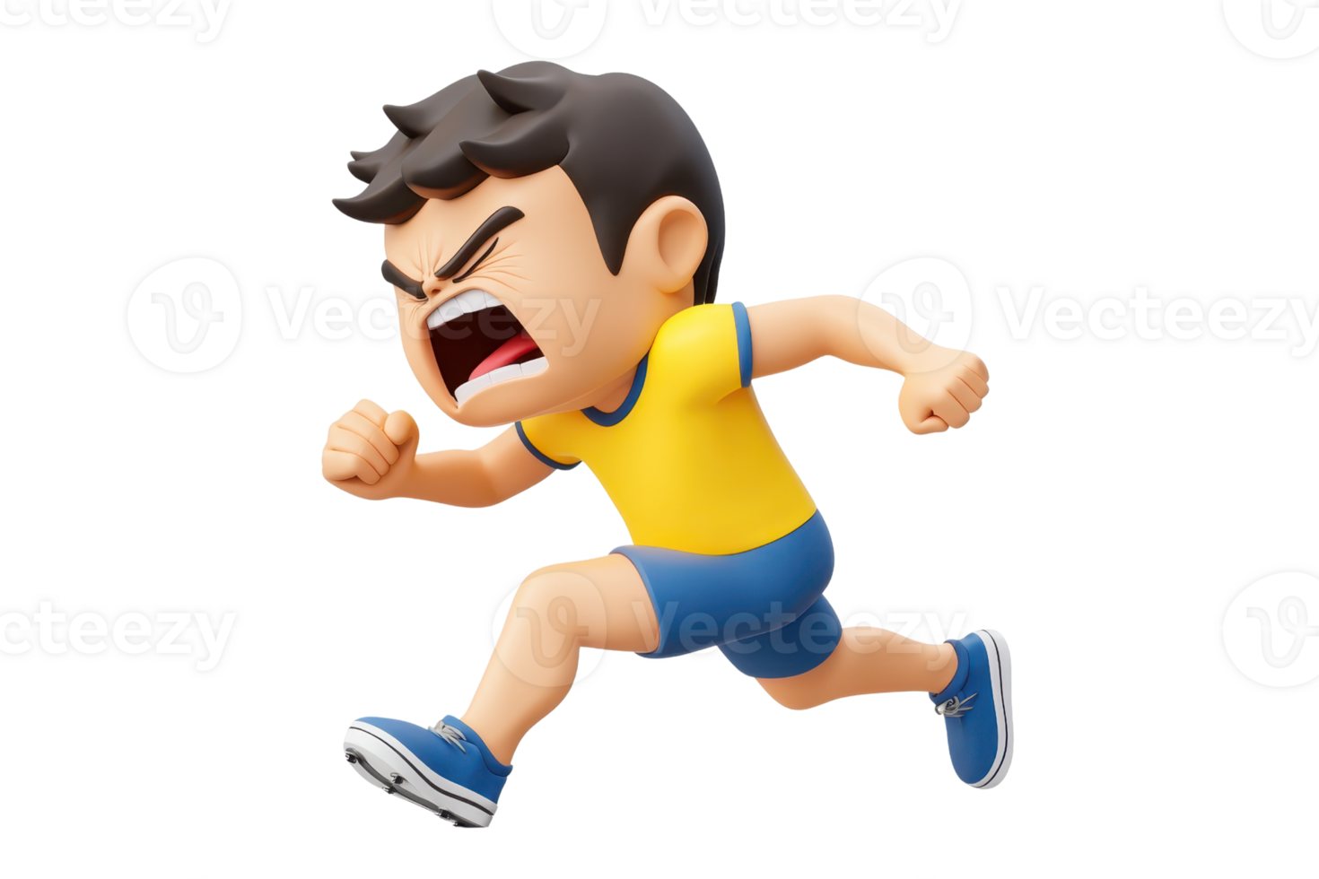 A cartoonish boy in a yellow shirt runs energetically, expressing determination and enthusiasm with an intense facial expression. png