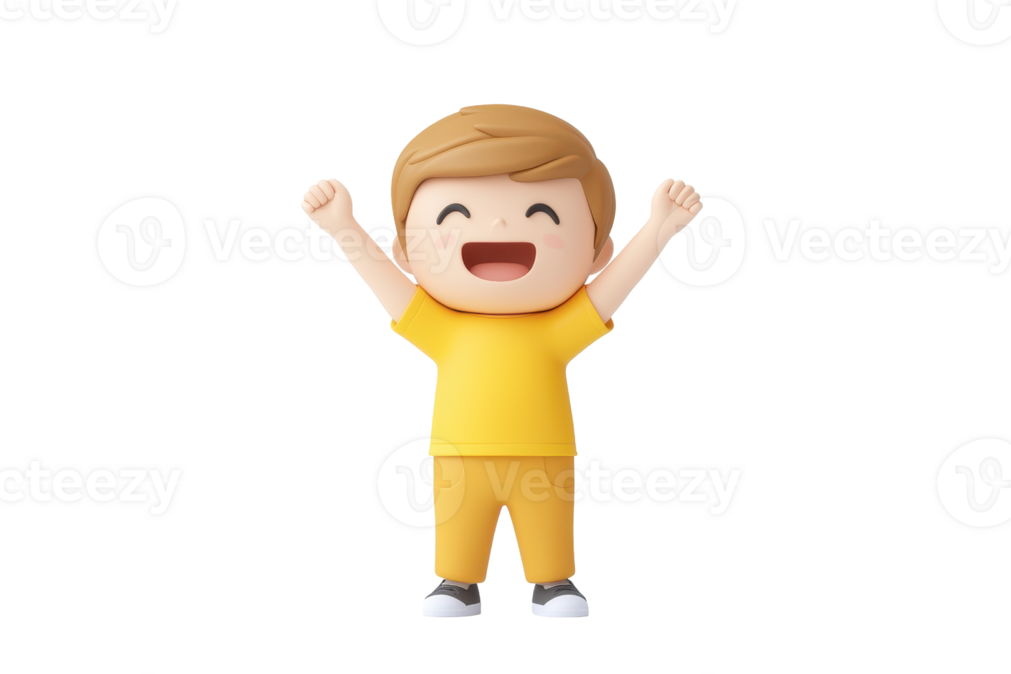 A cheerful cartoon character wearing a yellow outfit with raised arms, expressing joy and excitement. png