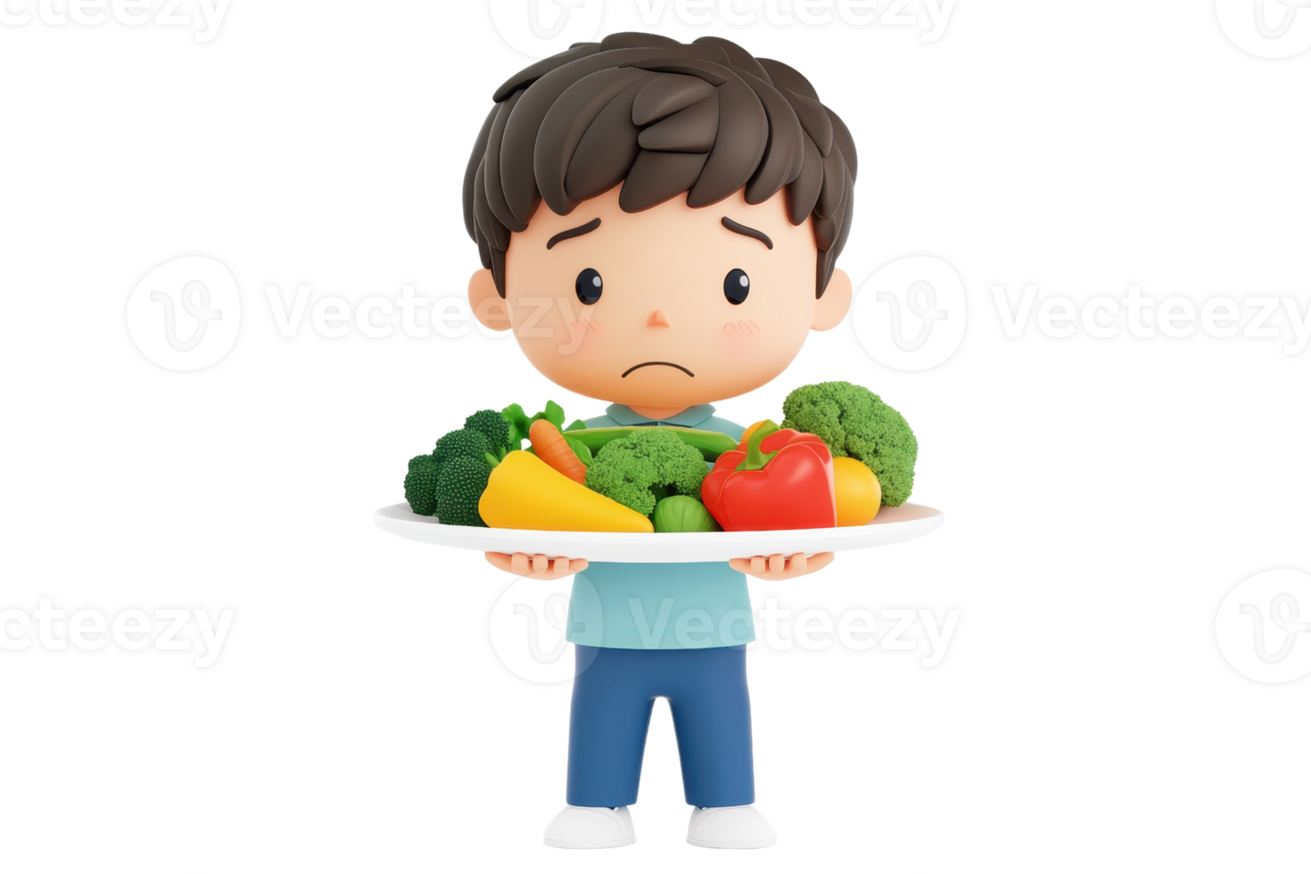 A young boy with a sad expression holds a plate filled with various vegetables, including broccoli, tomatoes, and peppers. png