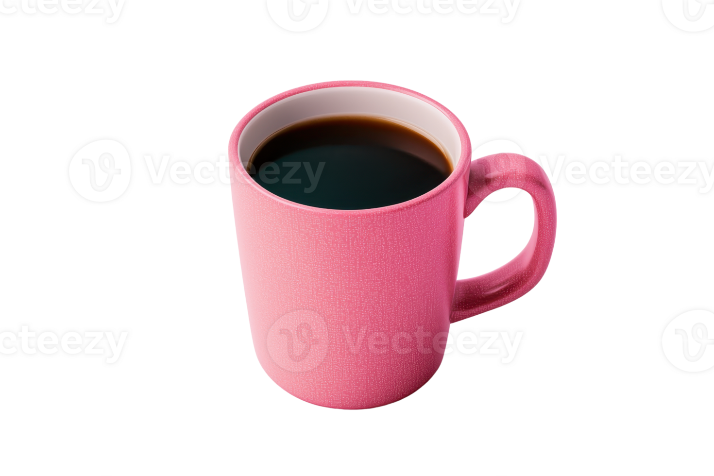 A vibrant pink coffee mug filled with dark coffee, showcasing its simple yet appealing design. png