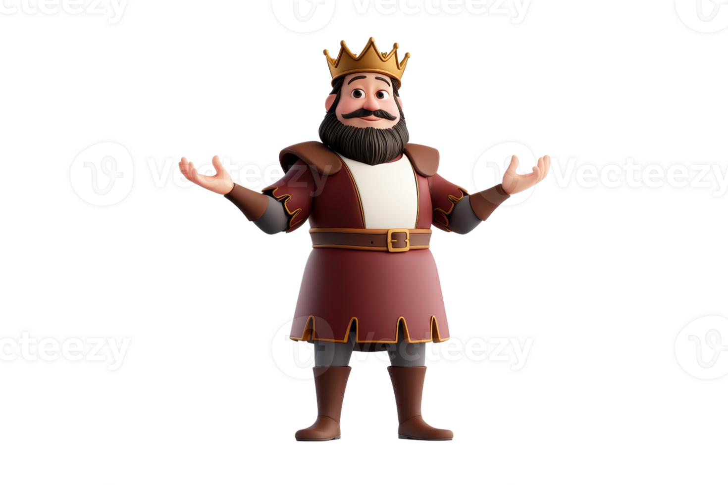 A cartoonish king with a crown, a beard, and a joyful expression, dressed in royal attire, gestures with open arms. png