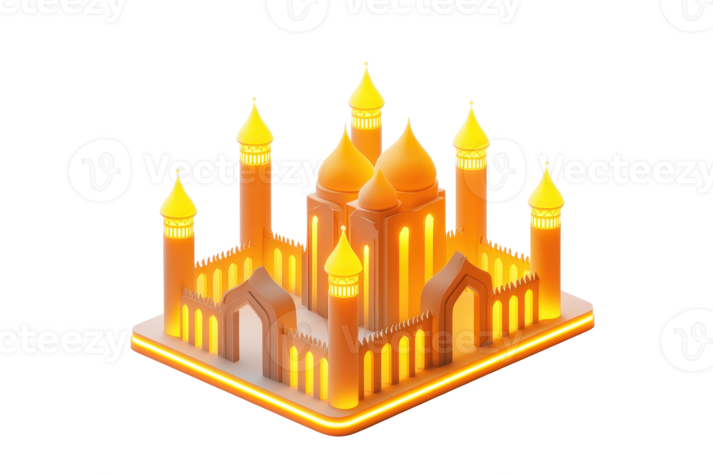 A vibrant, illuminated stylized palace with golden domes and spires, showcasing intricate architectural details. png