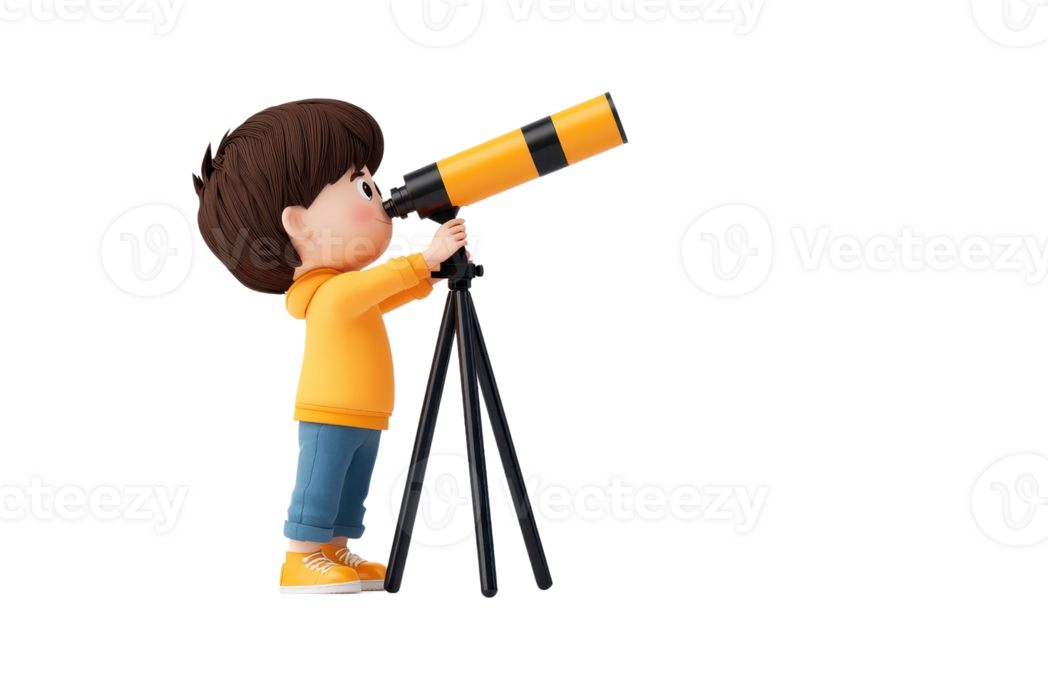 A young boy looks through a telescope, showcasing curiosity and exploration in a playful pose. png