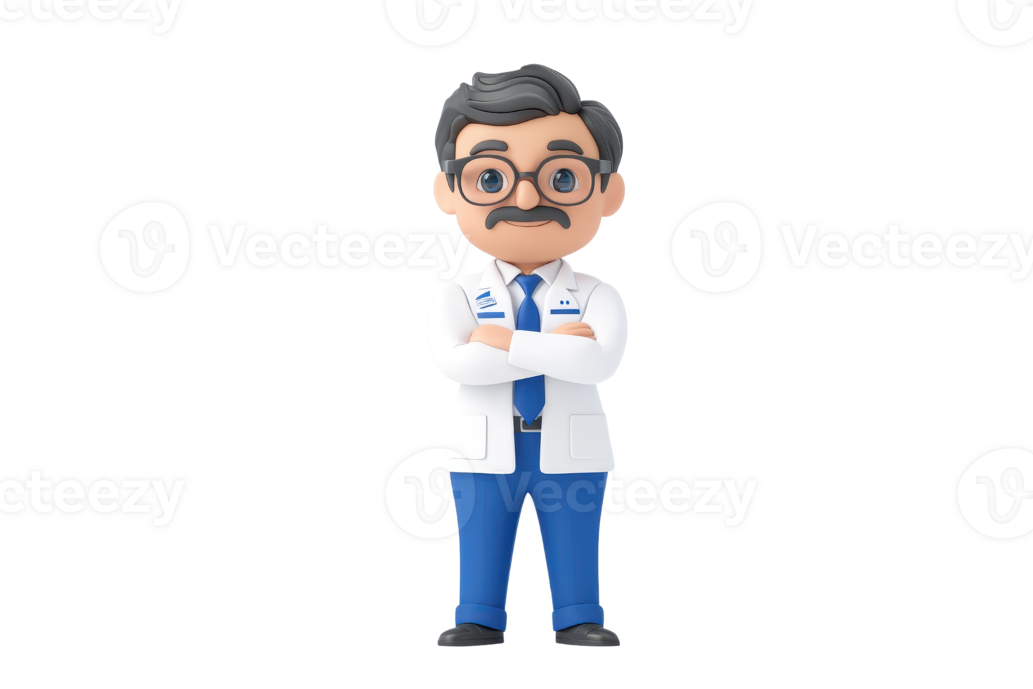 A cartoonish doctor character with glasses, a mustache, and a white coat, standing confidently with arms crossed. png