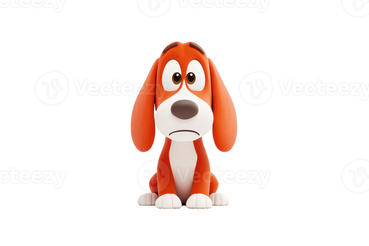 A cartoon-style dog with floppy ears and a sad expression, featuring an orange and white color palette. png
