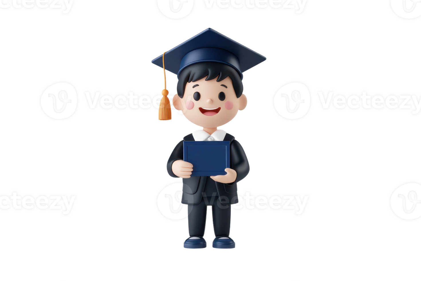 A cheerful boy in graduation attire holding a diploma, wearing a cap with a tassel and a formal suit. png