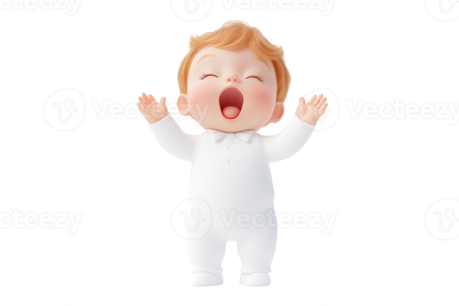 A cheerful baby doll with a joyful expression, arms raised, wearing a white outfit. png