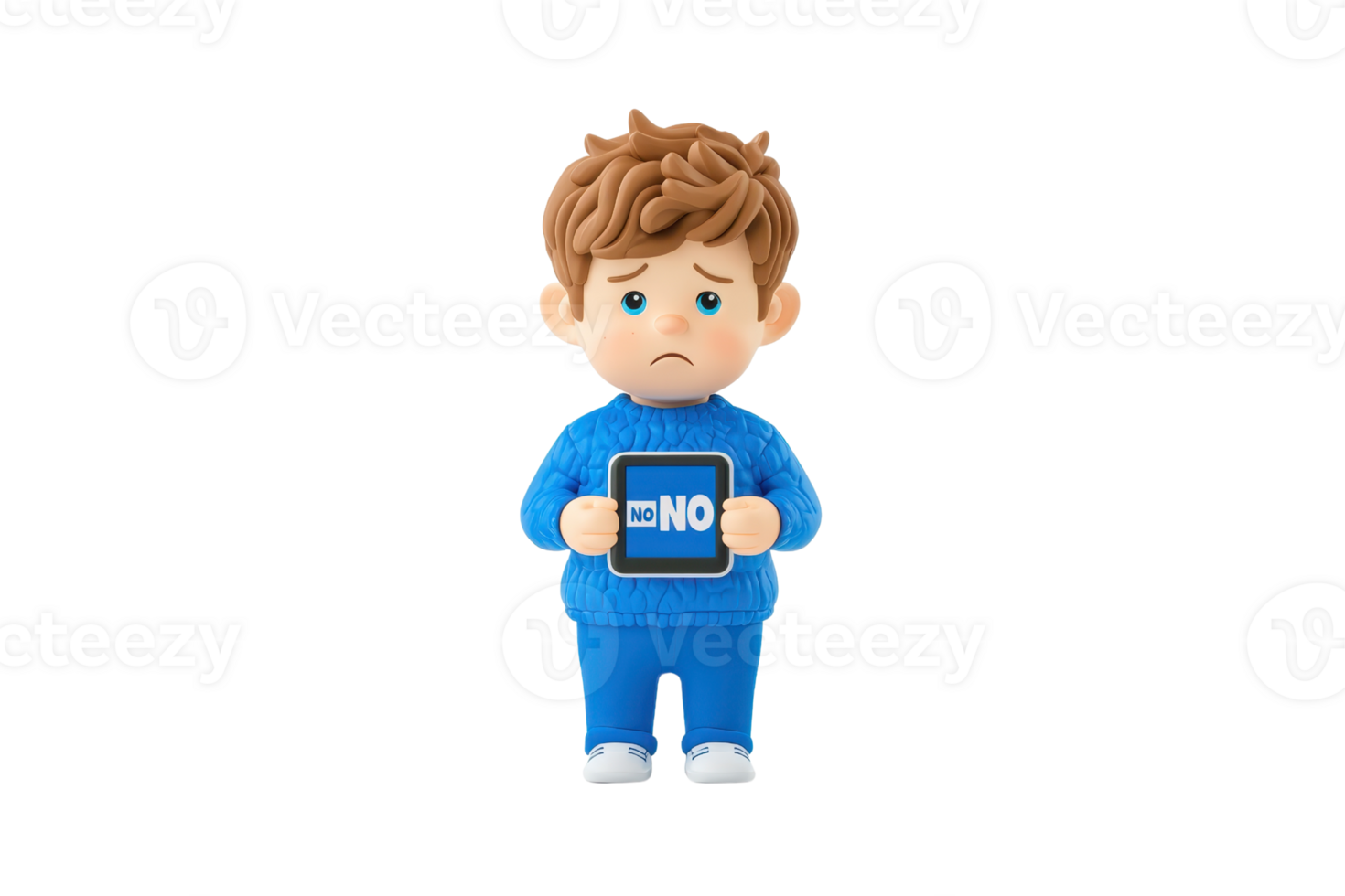 A small figurine of a boy wearing a blue outfit, holding a sign that says NO, with a sad expression on his face. png