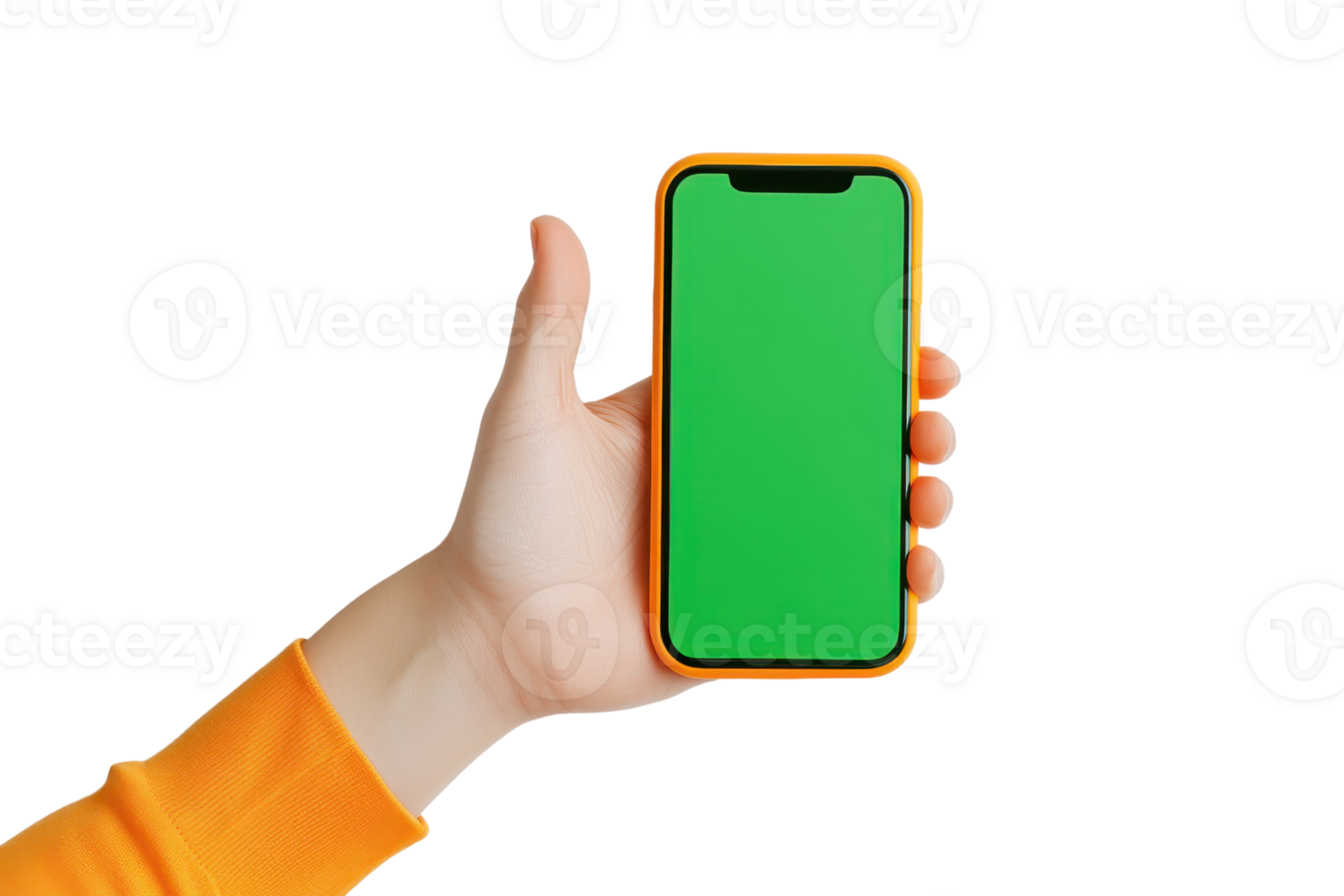 A hand holding a smartphone with a green screen against a transparent background, perfect for showcasing app designs or digital content. png