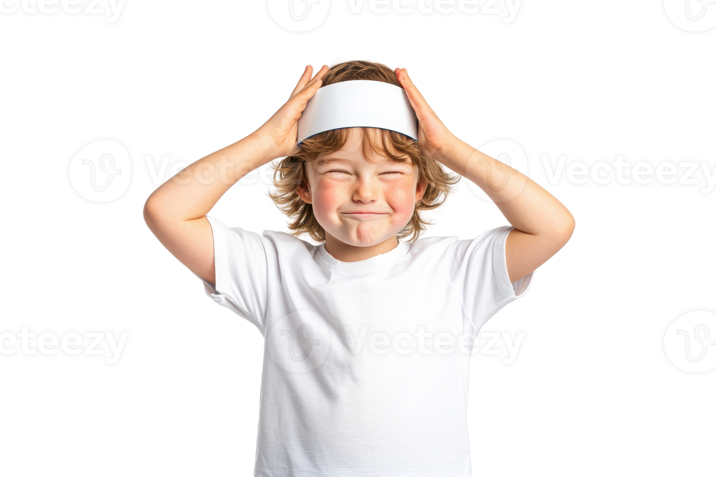 A boy wearing a headband smiles playfully, holding his head with both hands. png