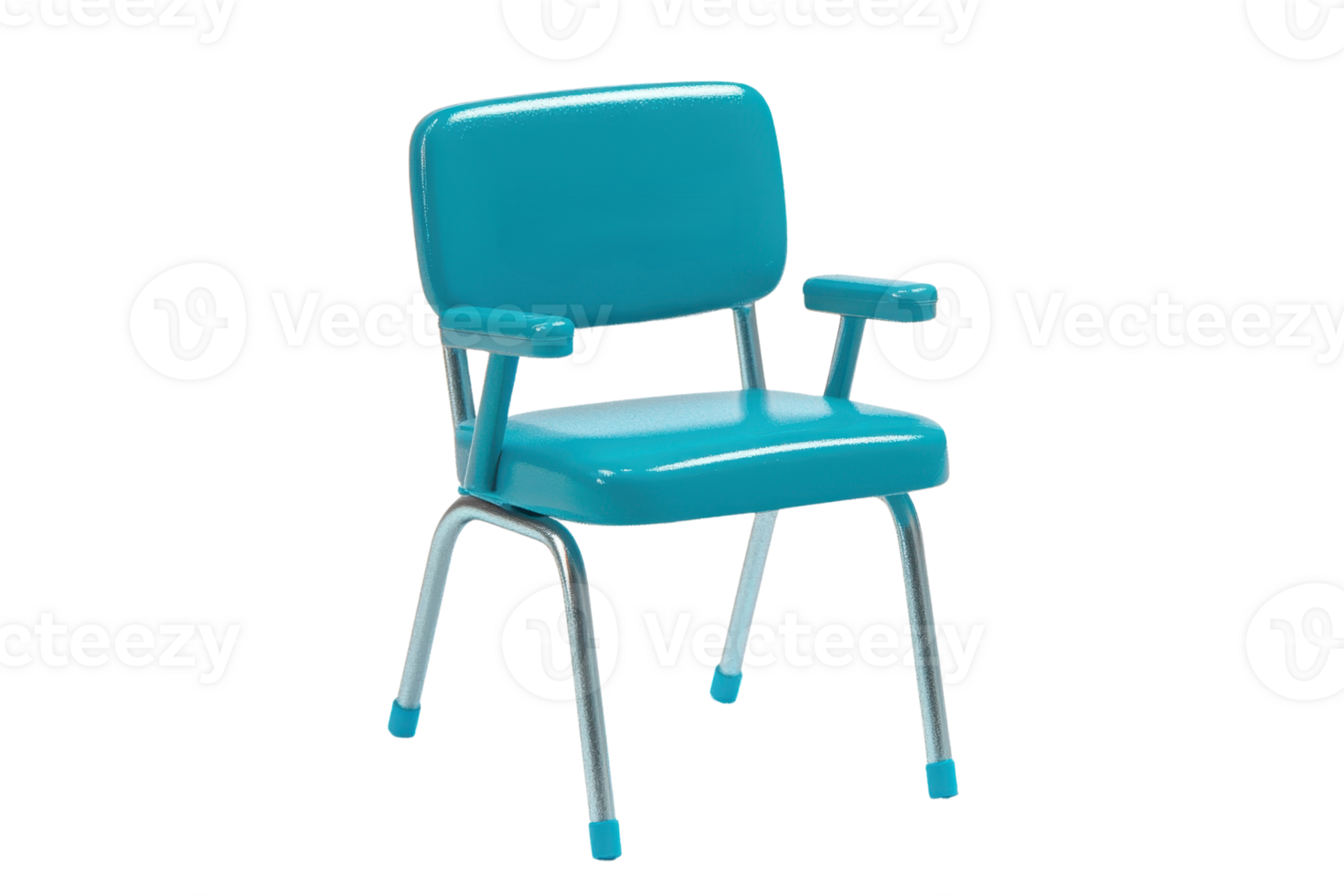 A vibrant turquoise chair with armrests and a sleek metal frame, designed for comfort and style. png