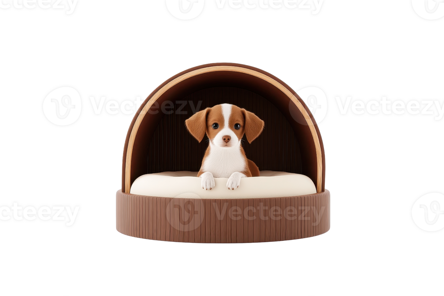A cute dog sits comfortably in a cozy bed with a rounded canopy, showcasing its playful expression and inviting charm. png