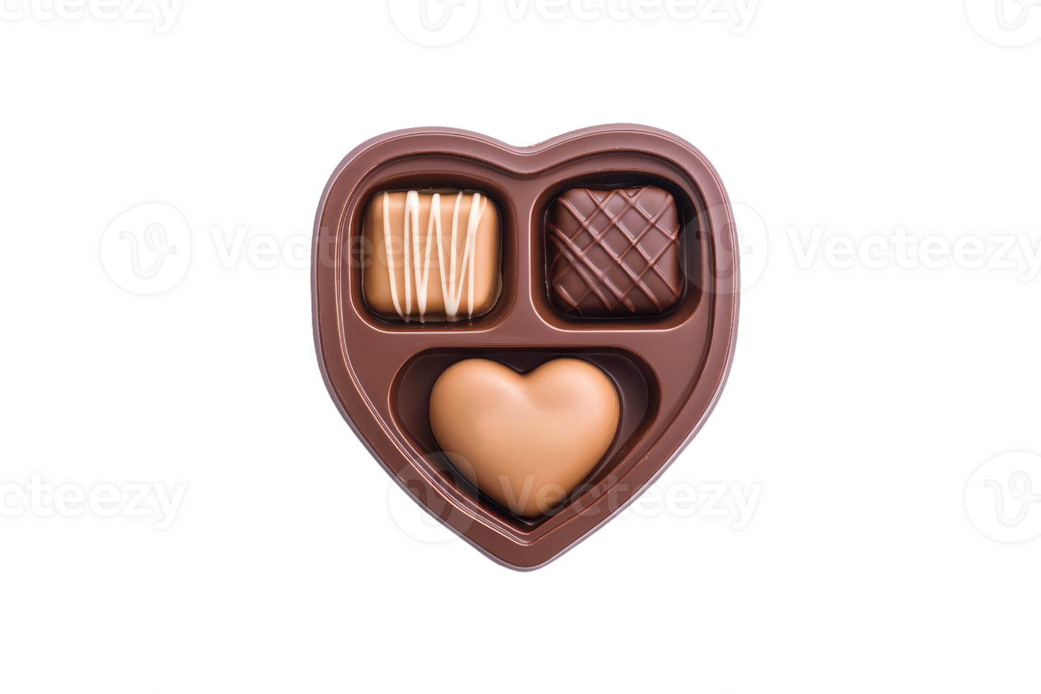 A heart-shaped box filled with assorted chocolates, including a heart-shaped piece and various textured confections. png