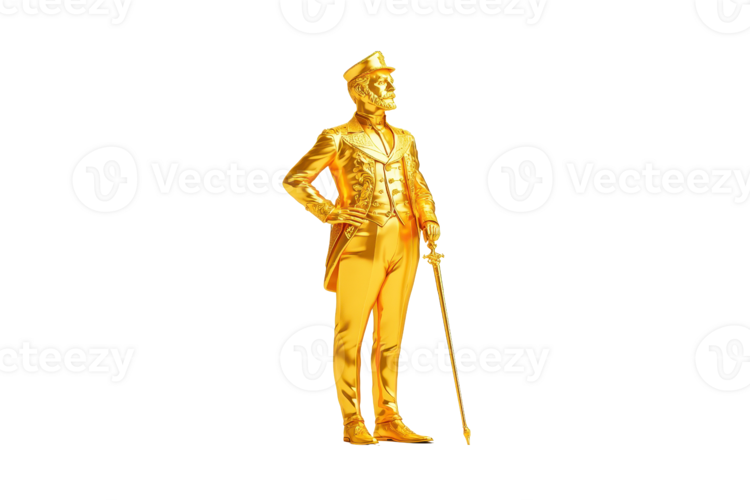 A golden statue of a standing officer in uniform, confidently holding a sword. png