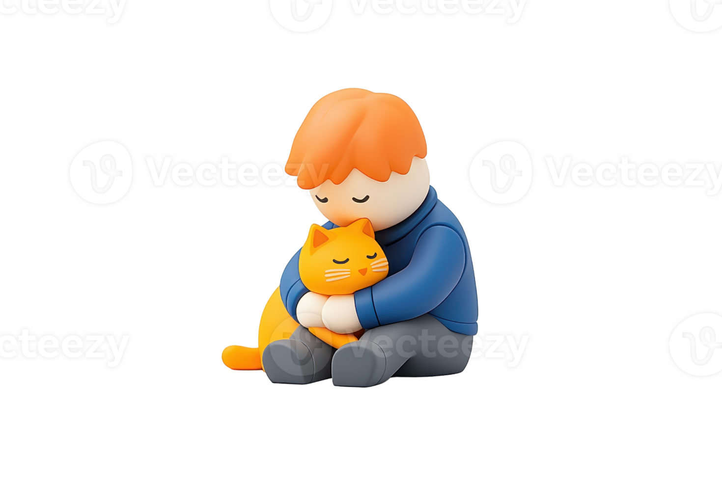 A figurine depicting a boy hugging a cat, conveying warmth and affection with bright colors and a charming design. png