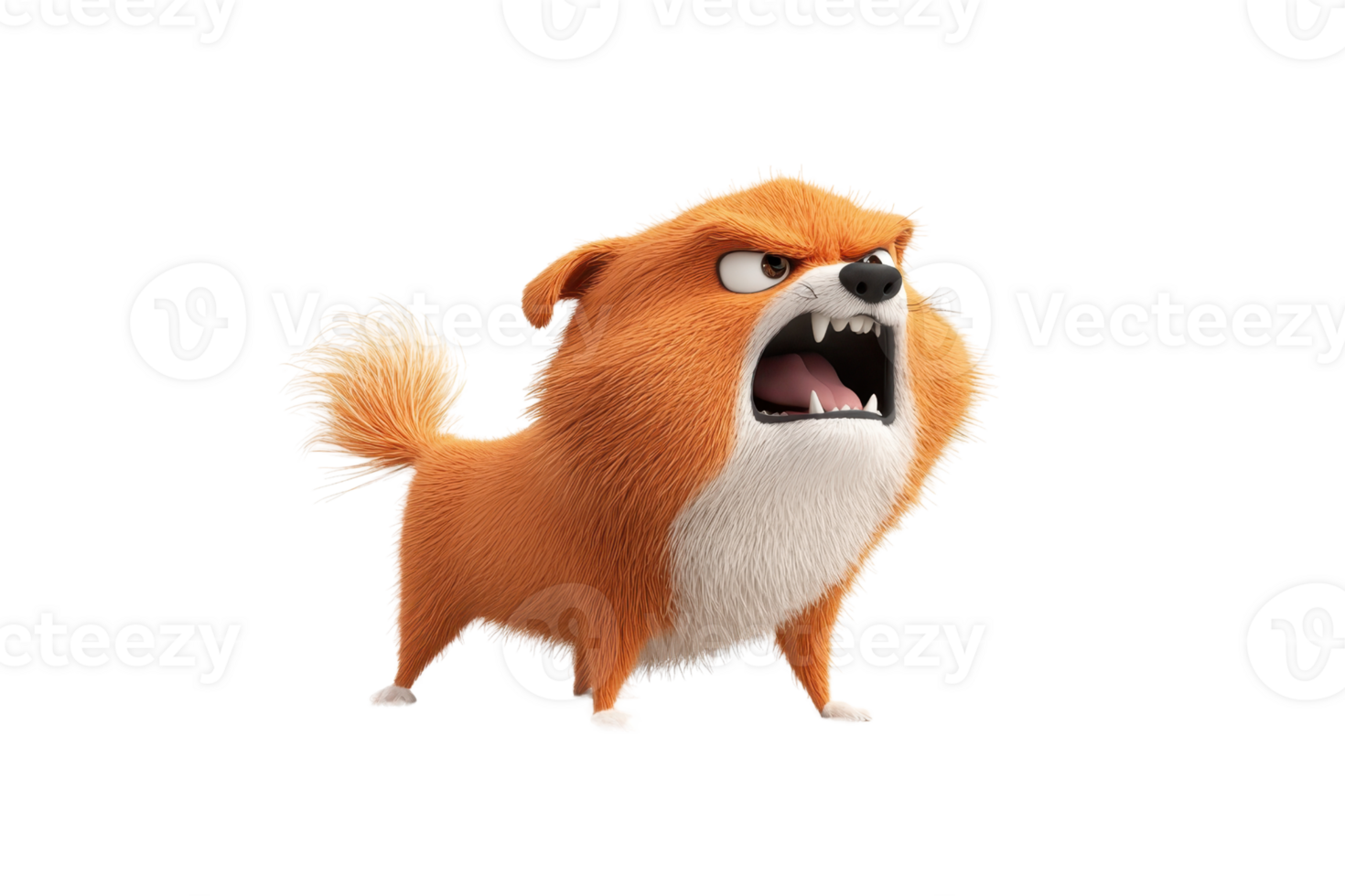 A fierce-looking animated orange dog with a fluffy tail and a pronounced snarl, expressing an aggressive demeanor. png