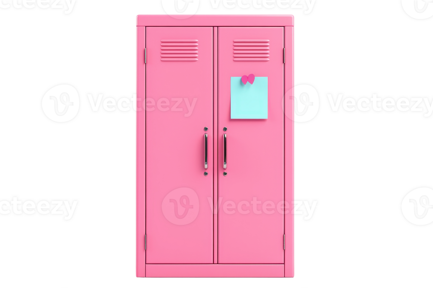 A vibrant pink locker featuring two doors with handles and a note attached to the surface. png