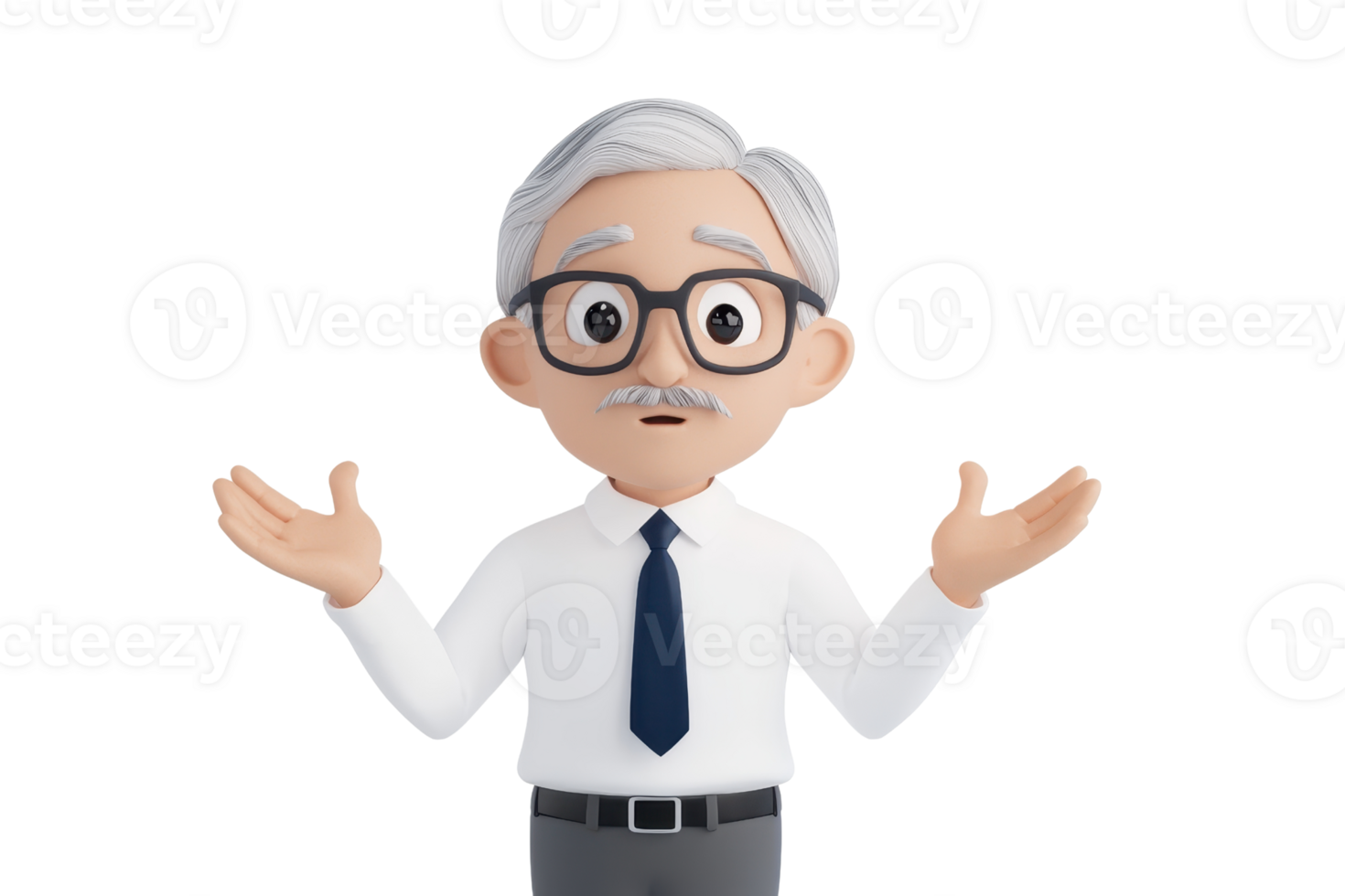 A cartoonish elderly man with glasses, wearing a white shirt and tie, is gesturing with outstretched arms, conveying surprise or confusion. png